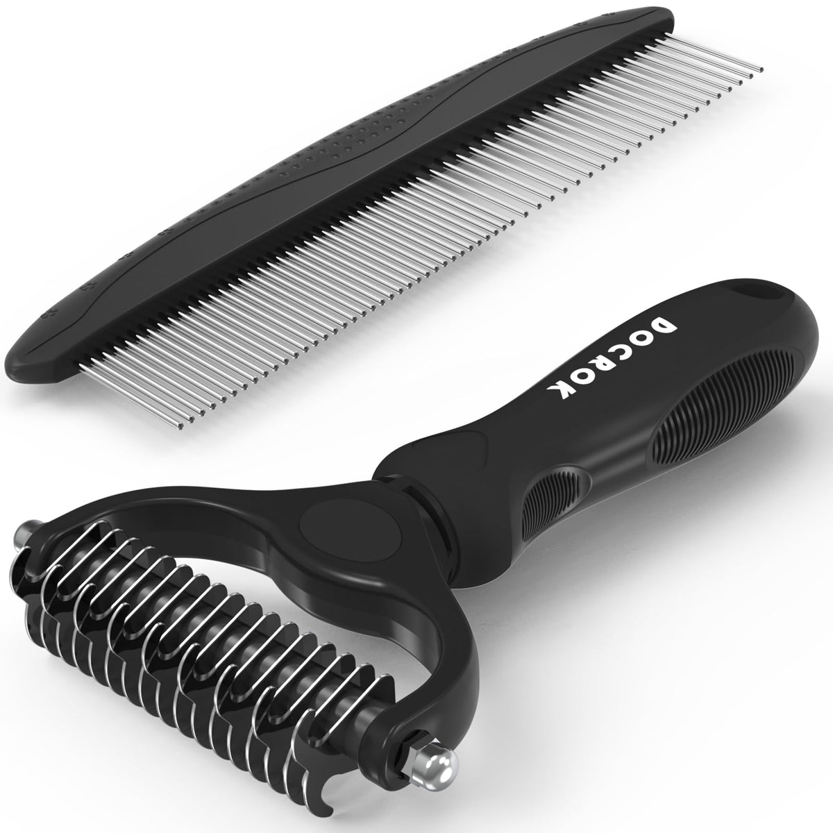 Docrok Pet Grooming Brush and Metal Comb Combo - Undercoat Rake for Dematting and Deshedding Long Matted Haired Dogs and Cats, Purple