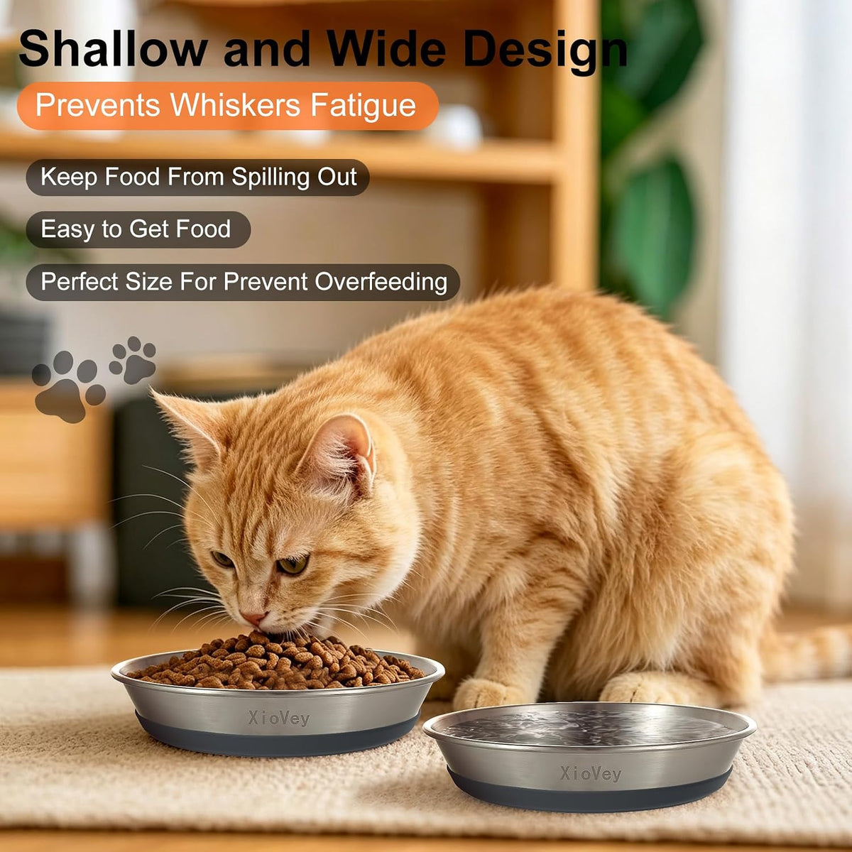 2 Pack Grey 304 Stainless Steel Shallow Whisker Fatigue Cat Bowls