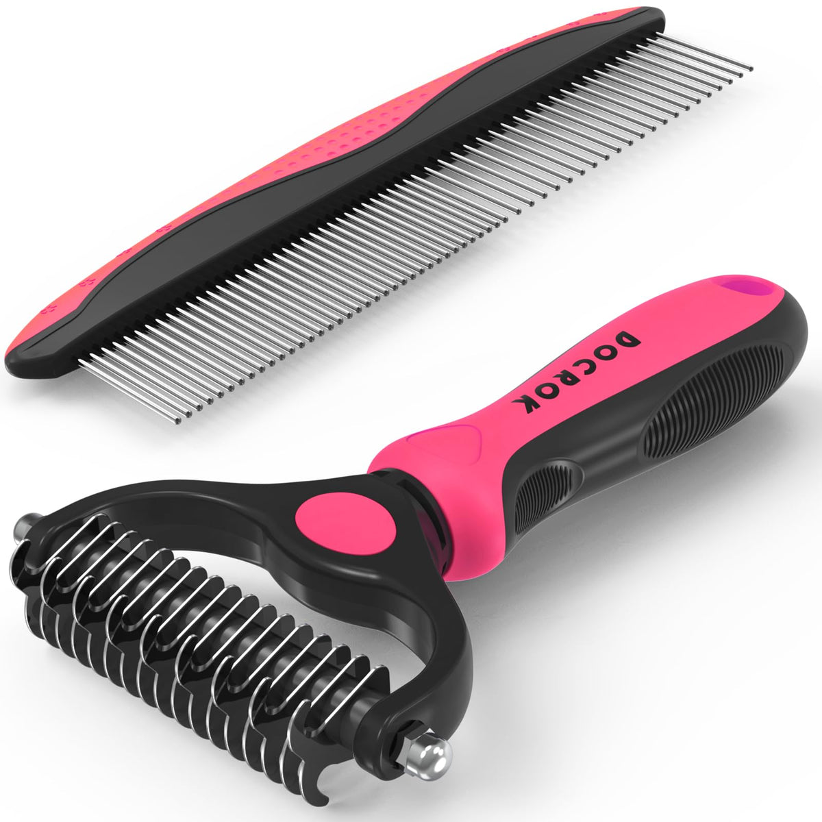 Docrok Pet Grooming Combo - Blue Deshedding Brush with Metal Comb for Detangling and Dematting Long, Matted Fur on Cats and Dogs