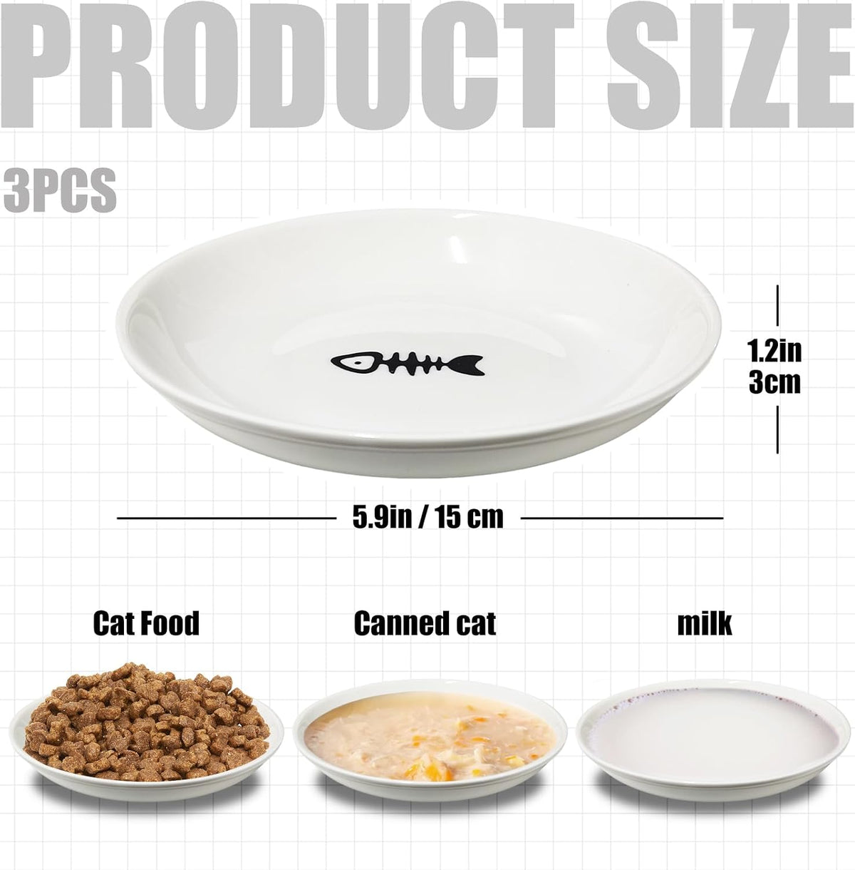 Ceramic Cat Food Bowls, 3-Pack Wide Shallow, Non-Slip Whisker Friendly