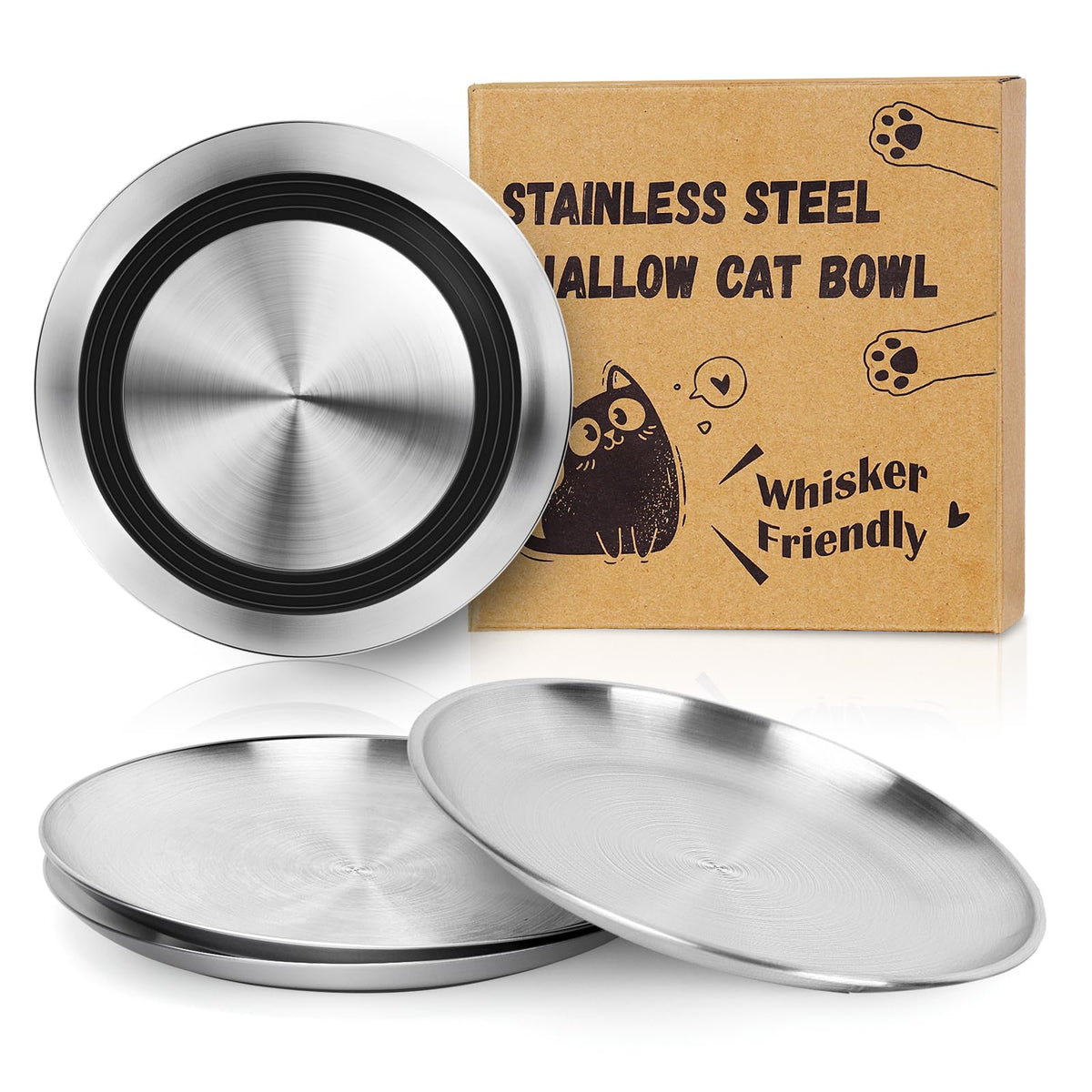 Supet Cat Plates Whisker Friendly, Non Slip Dish for Wet Food, Shallow Wide Flat Bowls Stainless Steel Metal for Indoor Cats, Kitten, Small Dog (13Oz, 2Pcs)