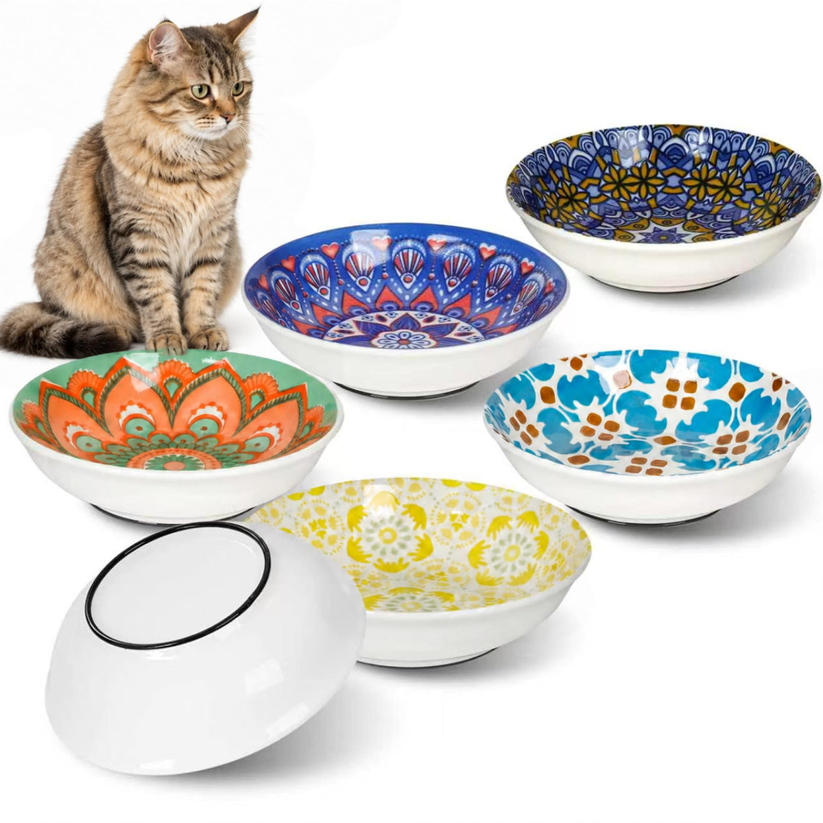 Ceramic Cat Food Bowls, 6 Pack 5.7-in Non-Slip Cat Dishes for Food, Water