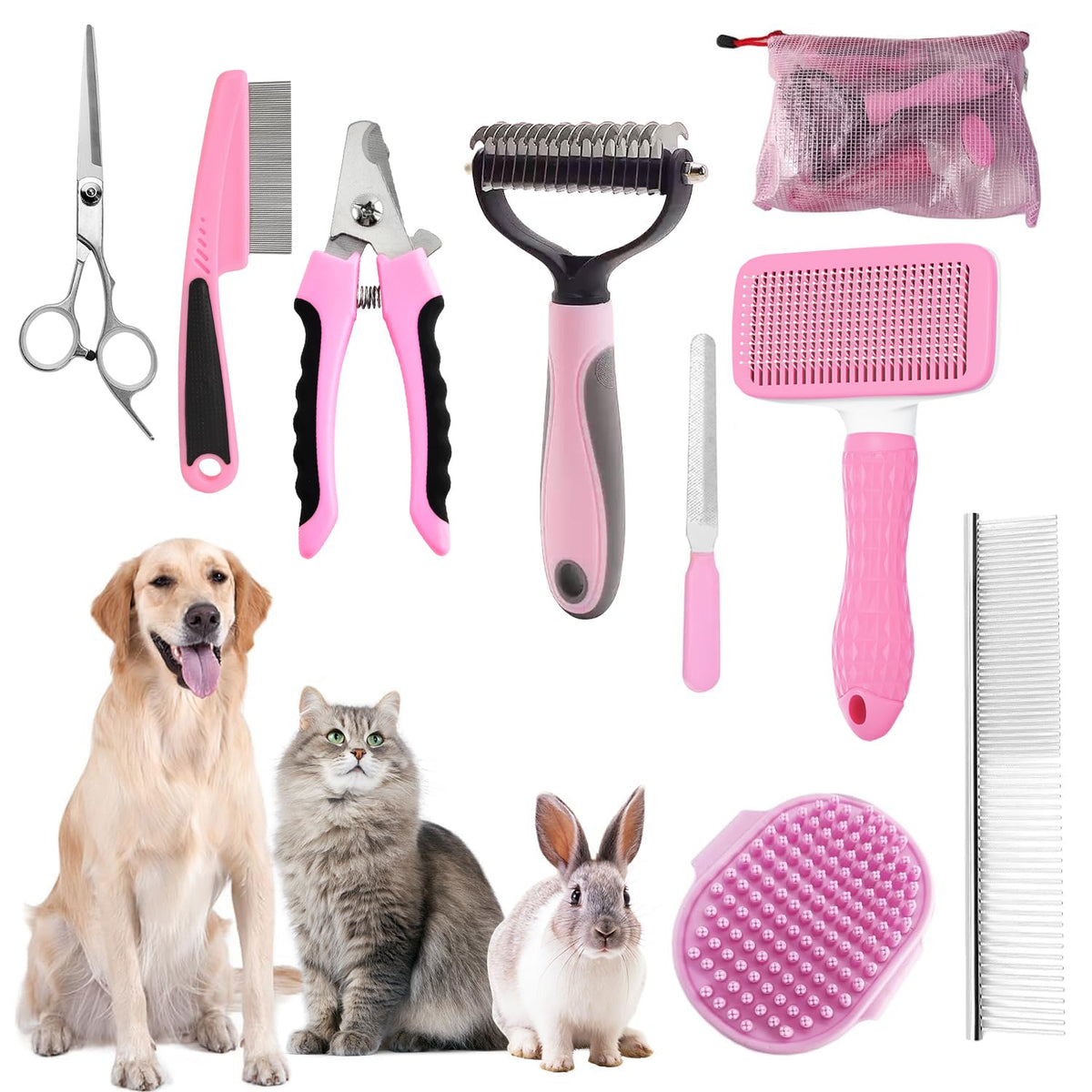Dog Brush for Shedding,6 PCS in One Pet Slicker Hair Brush Kit Organizer Bag - Dog Cat Grooming Deshedding Undercoat Rake Brush Comb for All Small Large Dogs Cats Pink