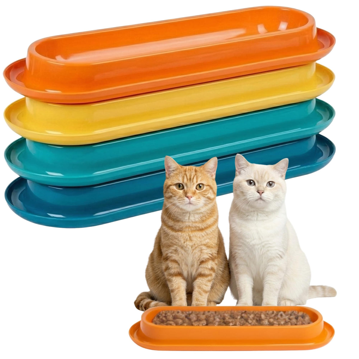 Multi-Cat Home 4-Pack, Long Pet Food Bowls, Large Capacity Non-Slip Easy Clean Dishes for Indoor & Outdoor Feeding (Pink, Yellow, Green，Blue,)