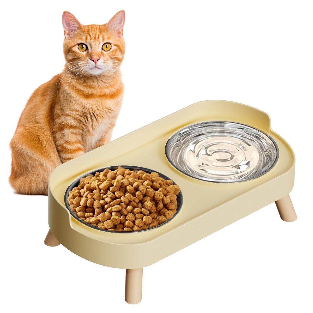 Elevated Cat Bowl, Raised Cat Food and Water Bowl Set for Indoor Cats, Splash Proof with 2 Stainless Steel Pet Food Bowls for Cats and Puppies, Whisker Fatigue and Dishwasher Safe - White