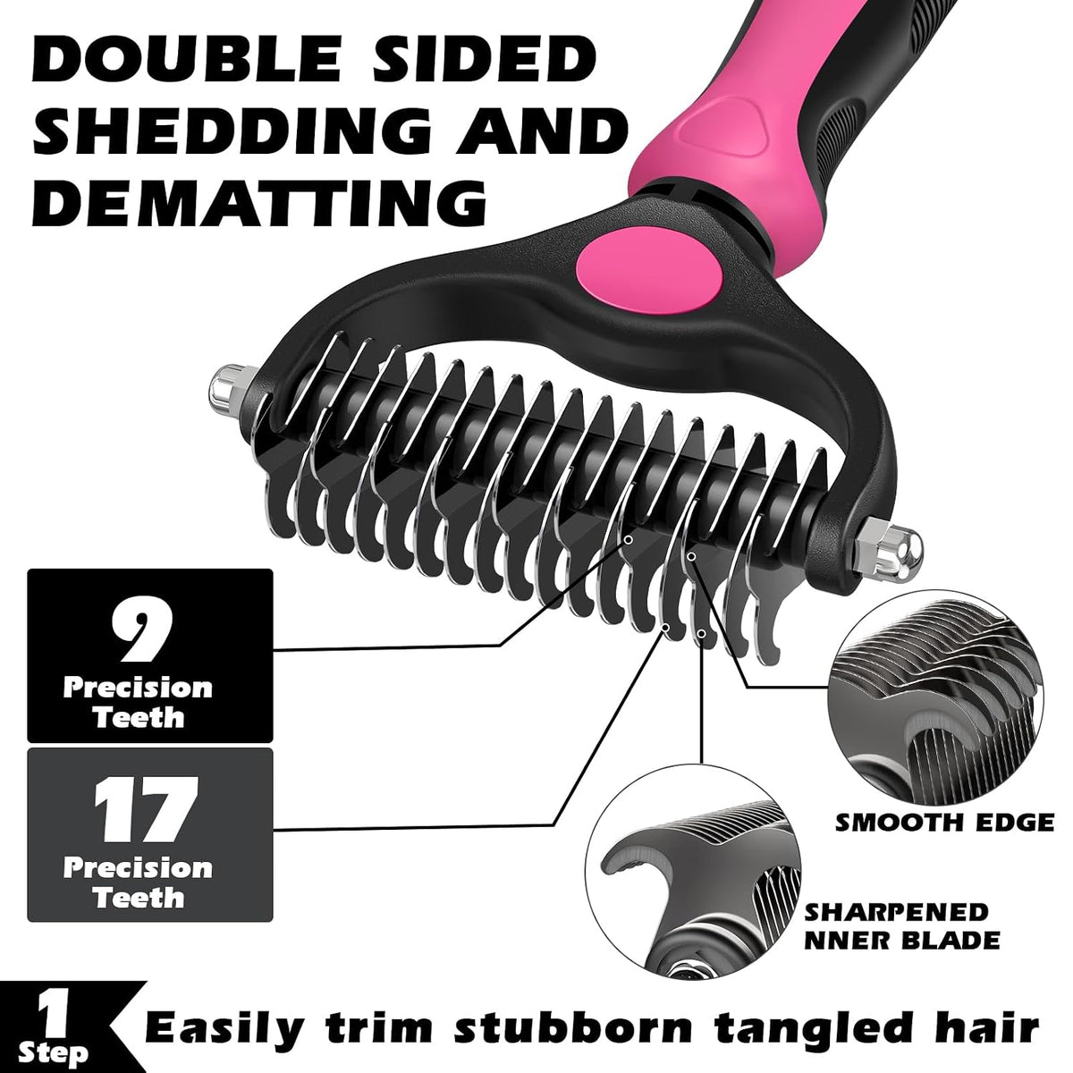 Professional 3PCS Self Cleaning Slicker Brush & Pet Grooming Rake & Flea Comb for Dogs,Cats and Horses | Double-Sided Dematting Comb & Skin Friendly Deshedding Grooming Tool (Red)
