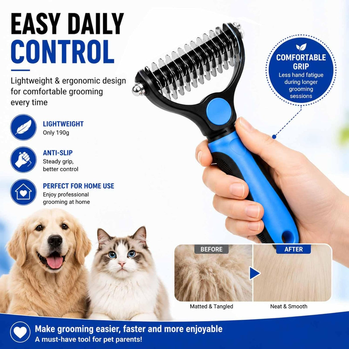 2-in-1 Pet Grooming Tool for Dogs & Cats, Double Sided Dematting Brush Set, Dual Teeth Pet Deshedding Comb for Shedding Fur Removal, Professional Grooming Rake for Long & Short Hair
