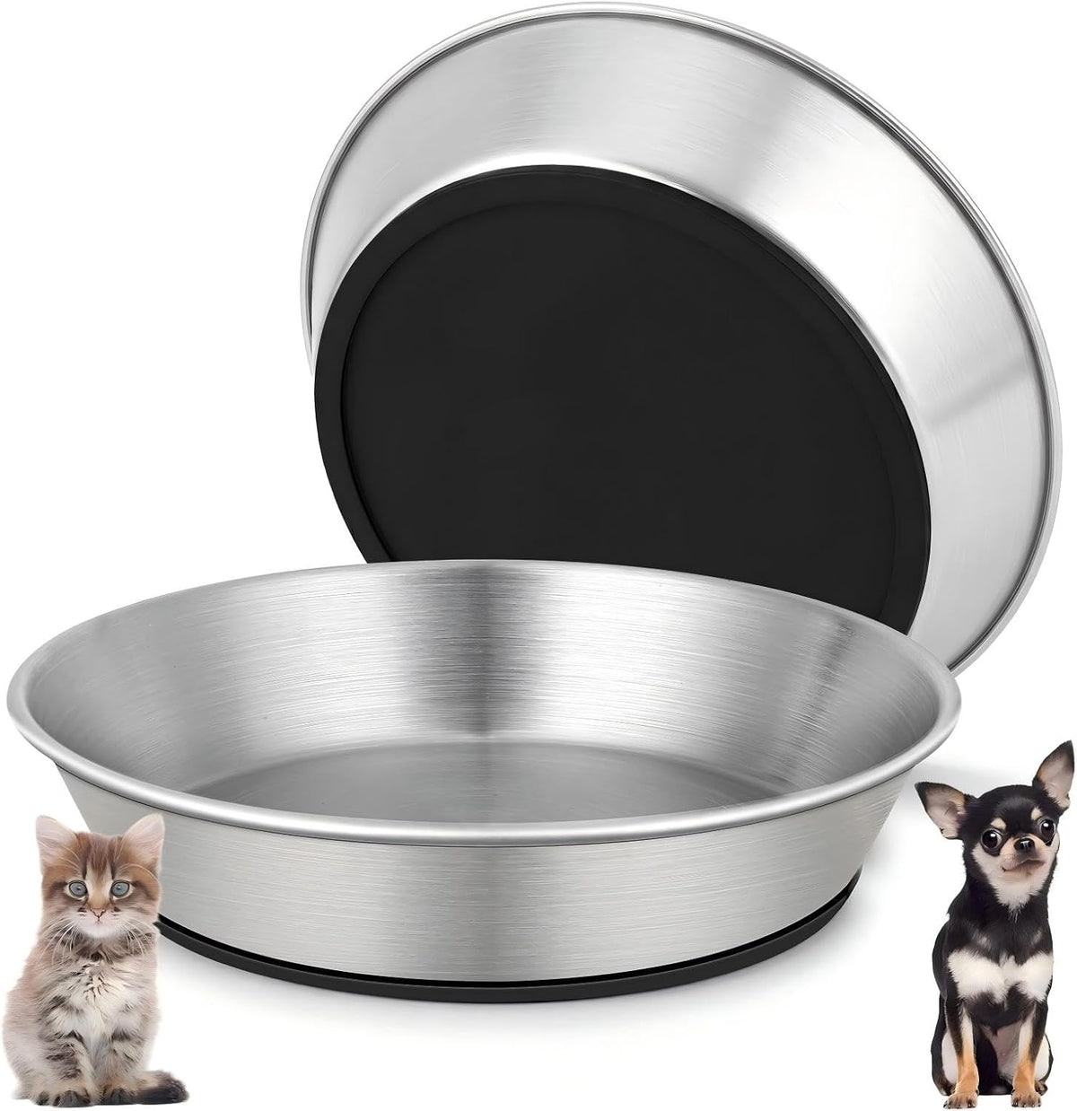 2 Pack 304 Stainless Steel 6" Shallow Wide Cat Bowls for Food and Water