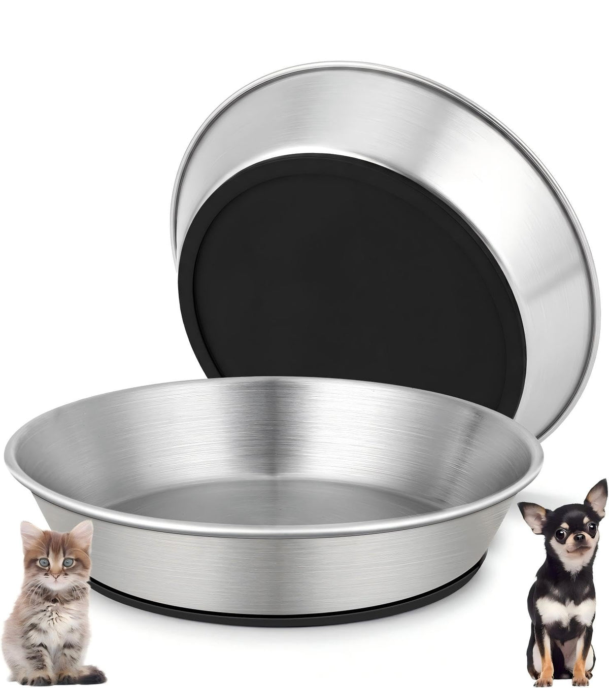 2 Pack 304 Stainless Steel 6" Shallow Wide Cat Bowls for Food and Water