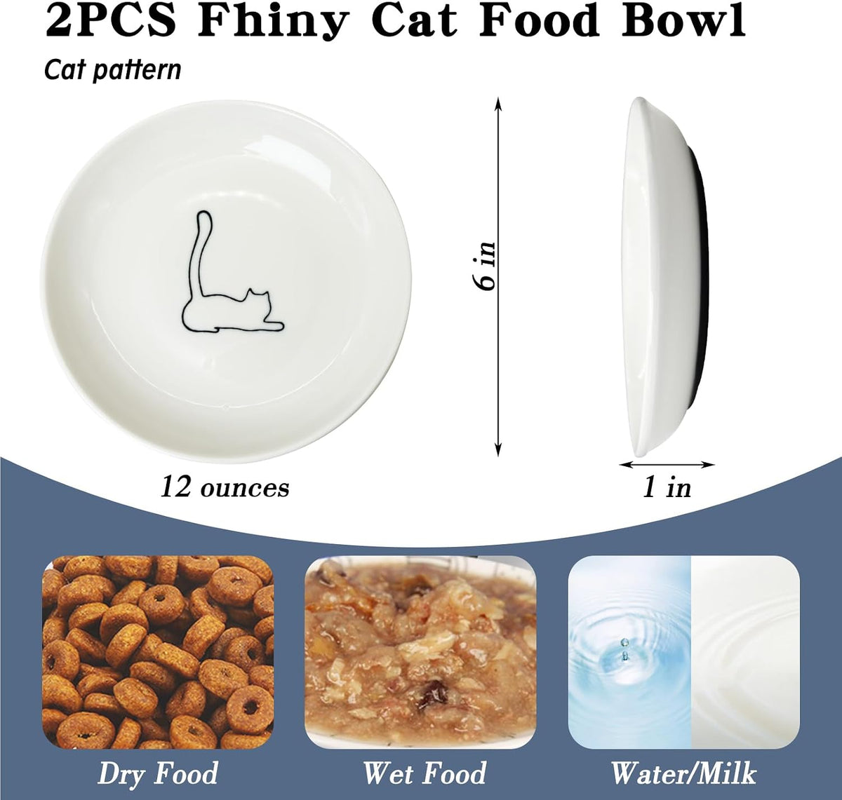 Fhiny 2PCS Cat Food Bowl,6" Ceramic Cat Dishes with Silicone Bottom Shallow Whisker Fatigue Kitten Plates Set for Indoor Cats Non-Slip Wide Kitten Pet Whisker Friendly Bowl for Wet Food Water (Cat)
