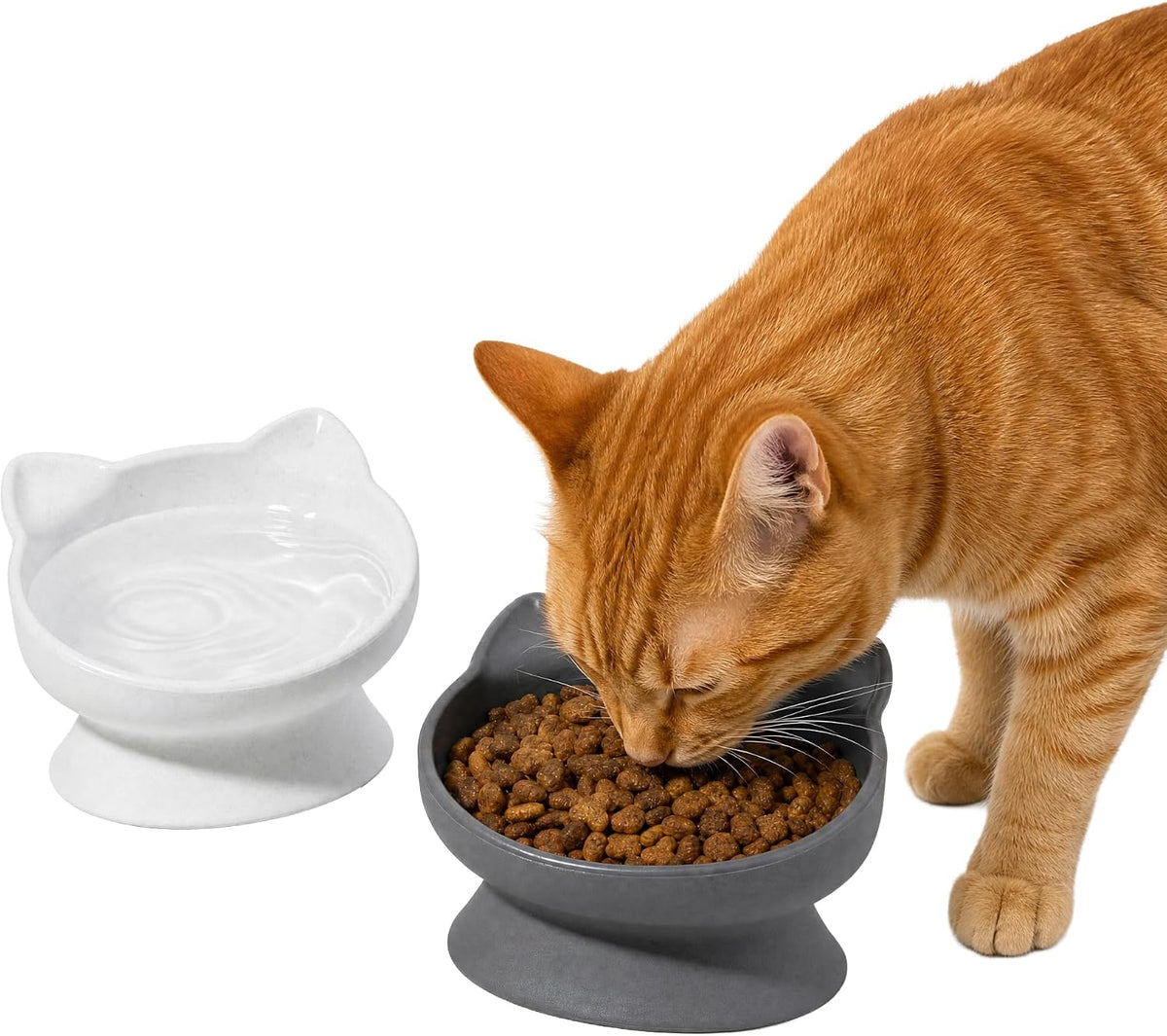Kitty City Elevated Cat Bowls (Set of 2), Whisker-Friendly Raised Cat Food & Water Dishes, Modern Pedestal Design, Dishwasher Safe, 6.5 oz Each – White & Gray