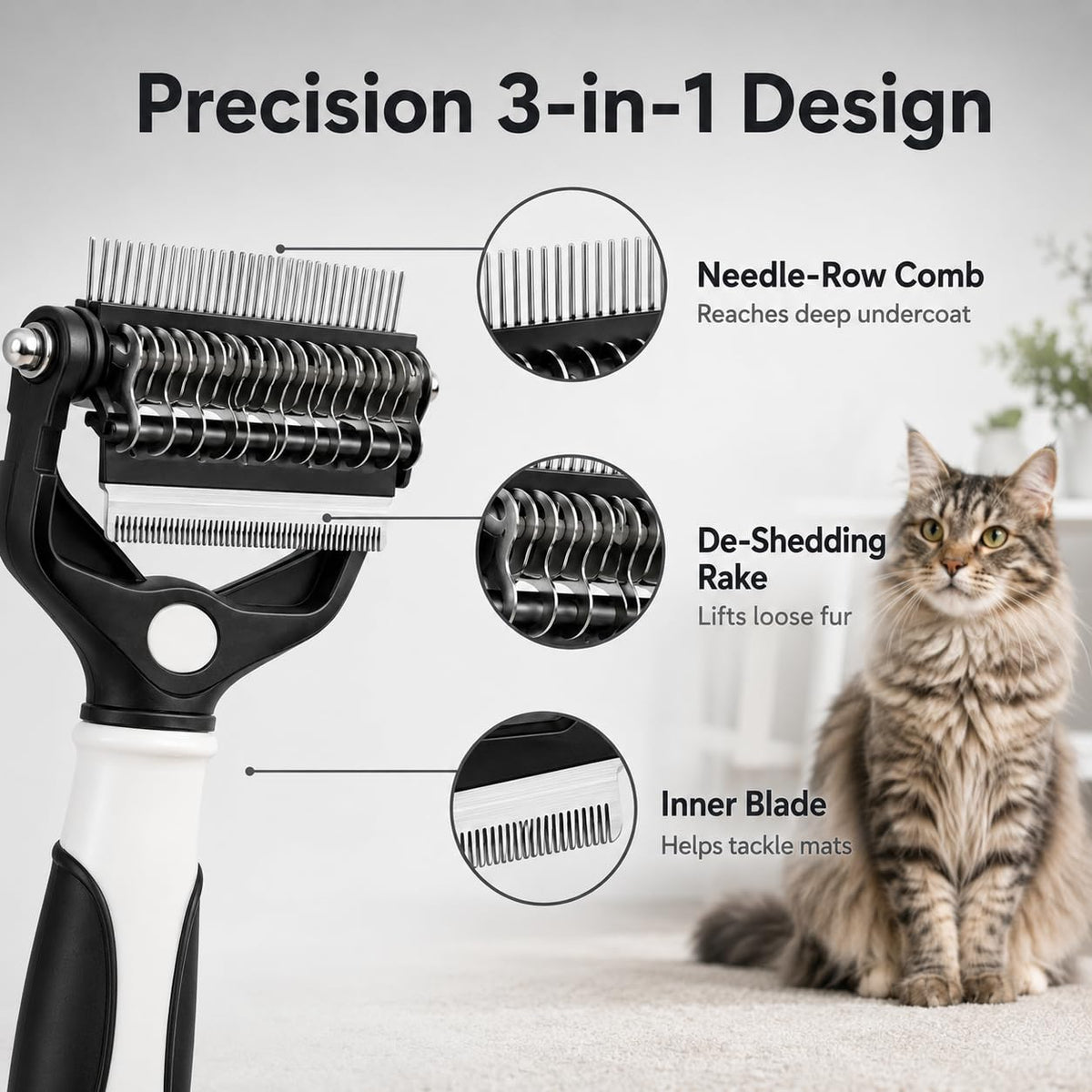 3-in-1 Pet Grooming Brush for Dogs & Cats, Undercoat Rake, Dematting Comb & Deshedding Brush for Long & Short Hair, Heavy Shedding & Matted Fur