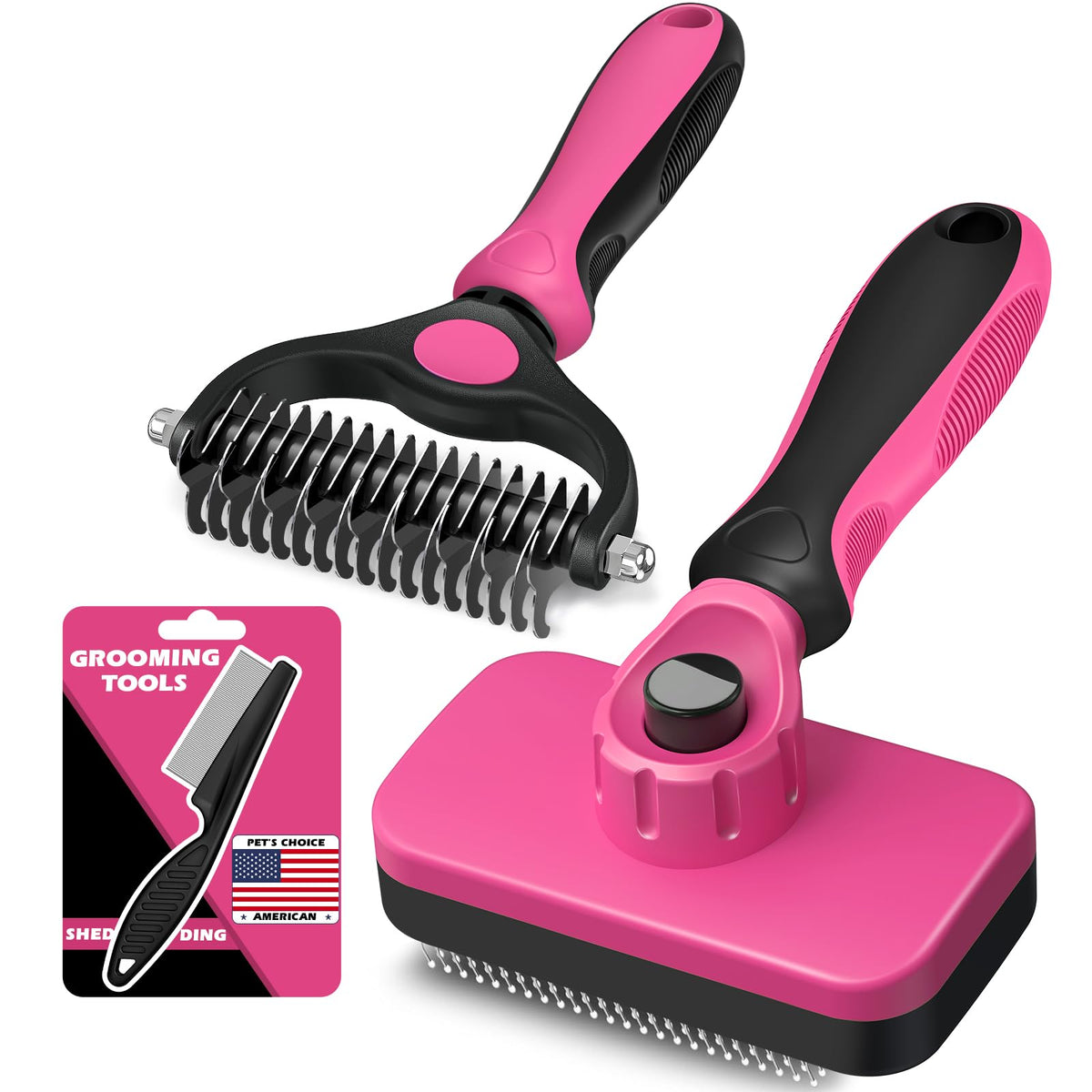 Professional 3PCS Self Cleaning Slicker Brush & Pet Grooming Rake & Flea Comb for Dogs,Cats and Horses | Double-Sided Dematting Comb & Skin Friendly Deshedding Grooming Tool (Red)