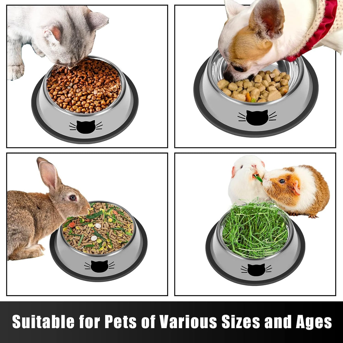 Serentive 2 Pcs Non-Slip Stainless Steel Small Cat Food Bowls - Unbreakable, Thicken 7 Oz Cat Dishes - Indoor, Removable Rubber Base, Easily Clean, Lovely Color