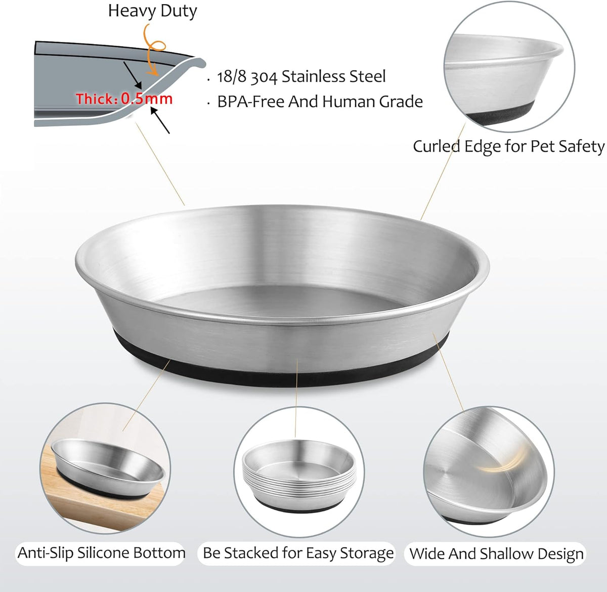 WROSWT Stainless Steel Cat Bowls,Whisker Friendly Shallow Cat Dishes for Food and Water,Non-Slip Silicone Bottom,Heavy Duty,Replacement Kitten Metal Plate for Elevated Stands,2 Pack