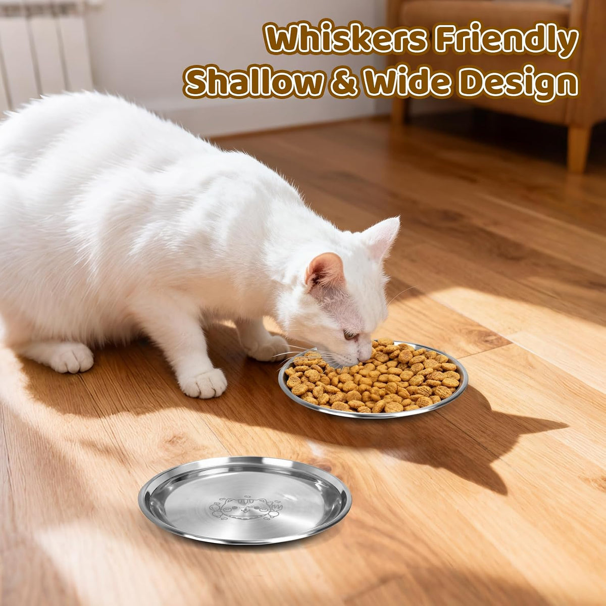 4 Pack Stainless Steel Plates Cat Bowls, 6.7" 13oz Shallow Cat Wet Food Bowl, Whisker Friendly Cat Plates with Non-Slip Bottom, Cute Wide Flat Bowl Cat Kitten Small Dog Metal Dishes for Indoor Feeding