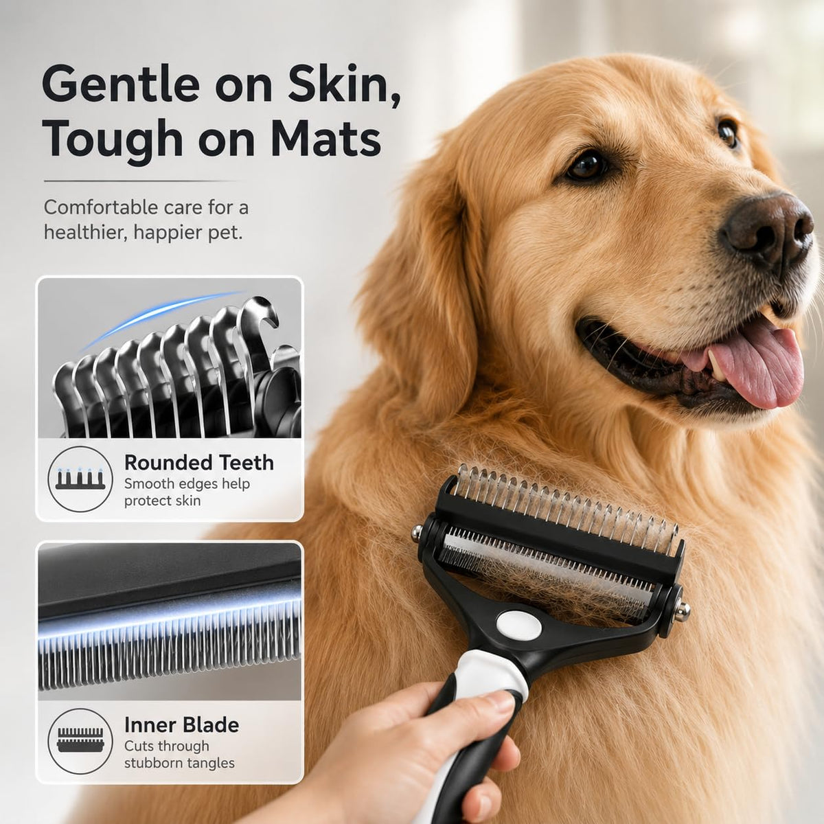 3-in-1 Pet Grooming Brush for Dogs & Cats, Undercoat Rake, Dematting Comb & Deshedding Brush for Long & Short Hair, Heavy Shedding & Matted Fur