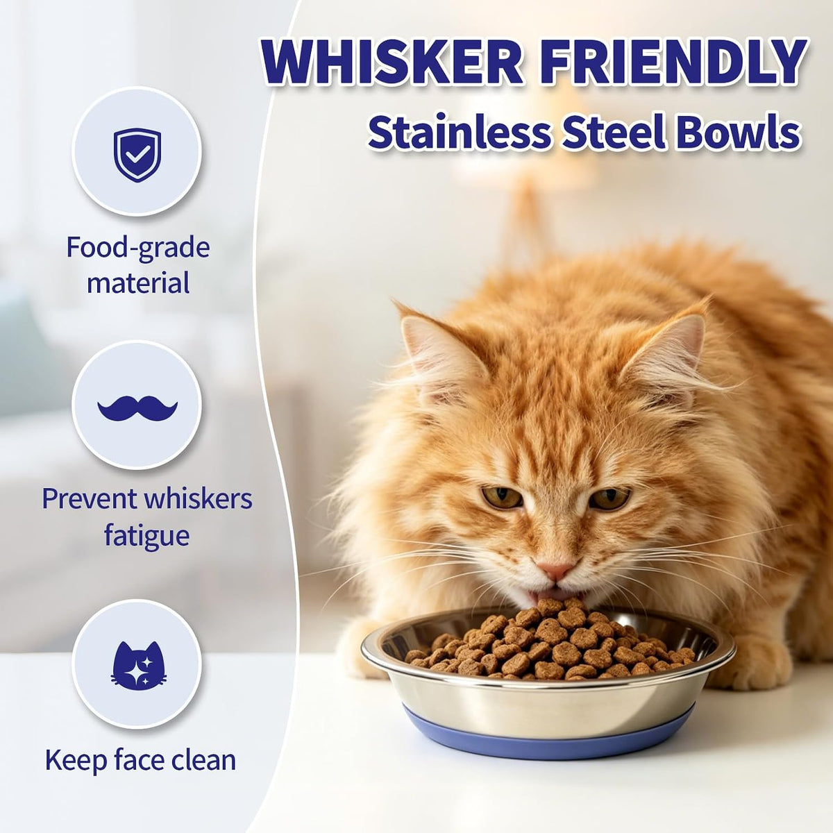3 Pack Stainless Steel Cat Bowls, Cat Dishes Whisker Friendly with Non-Slip Silicone Bottom, Easy to Clean, 5.5" Shallow Wide Cat Food and Water Feeding Bowl for Indoor Outdoor Cats