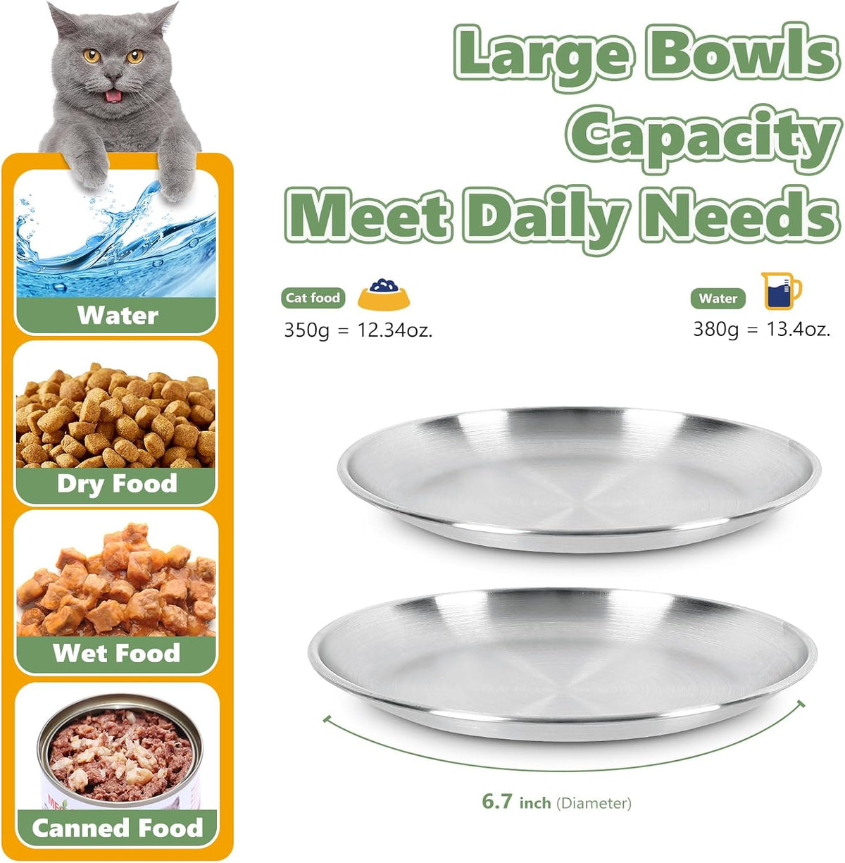2-Pack Stainless Steel Cat Food Bowls, Whisker-Friendly Plates