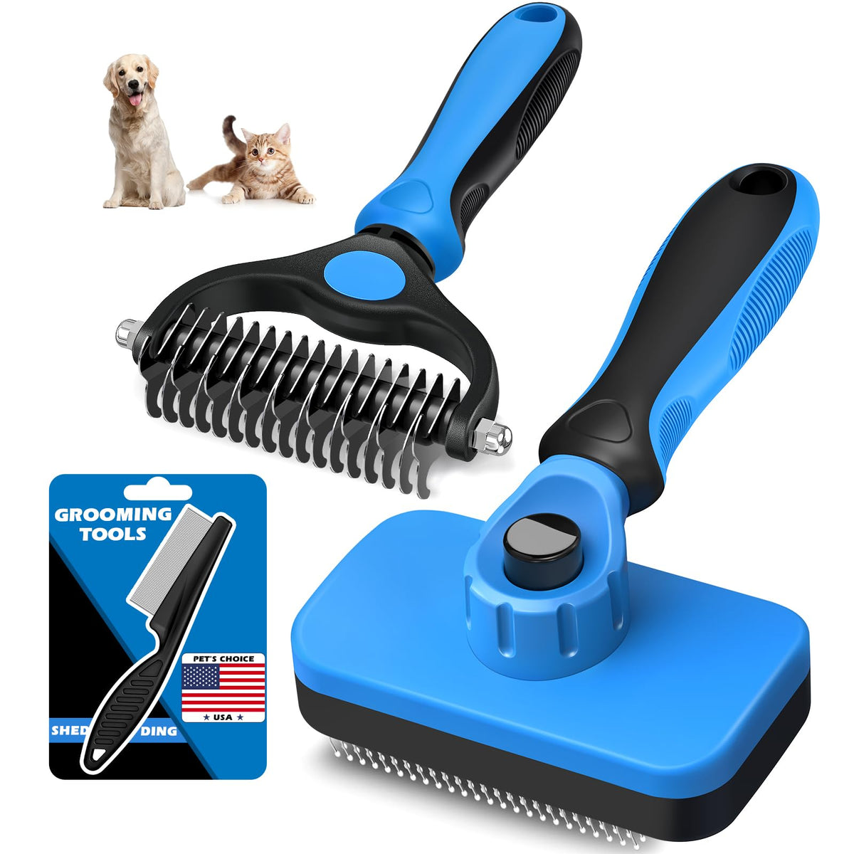 Professional 3PCS Self Cleaning Slicker Brush & Pet Grooming Rake & Flea Comb for Dogs,Cats and Horses | Double-Sided Dematting Comb & Skin Friendly Deshedding Grooming Tool | Pet Supplies (Purple)