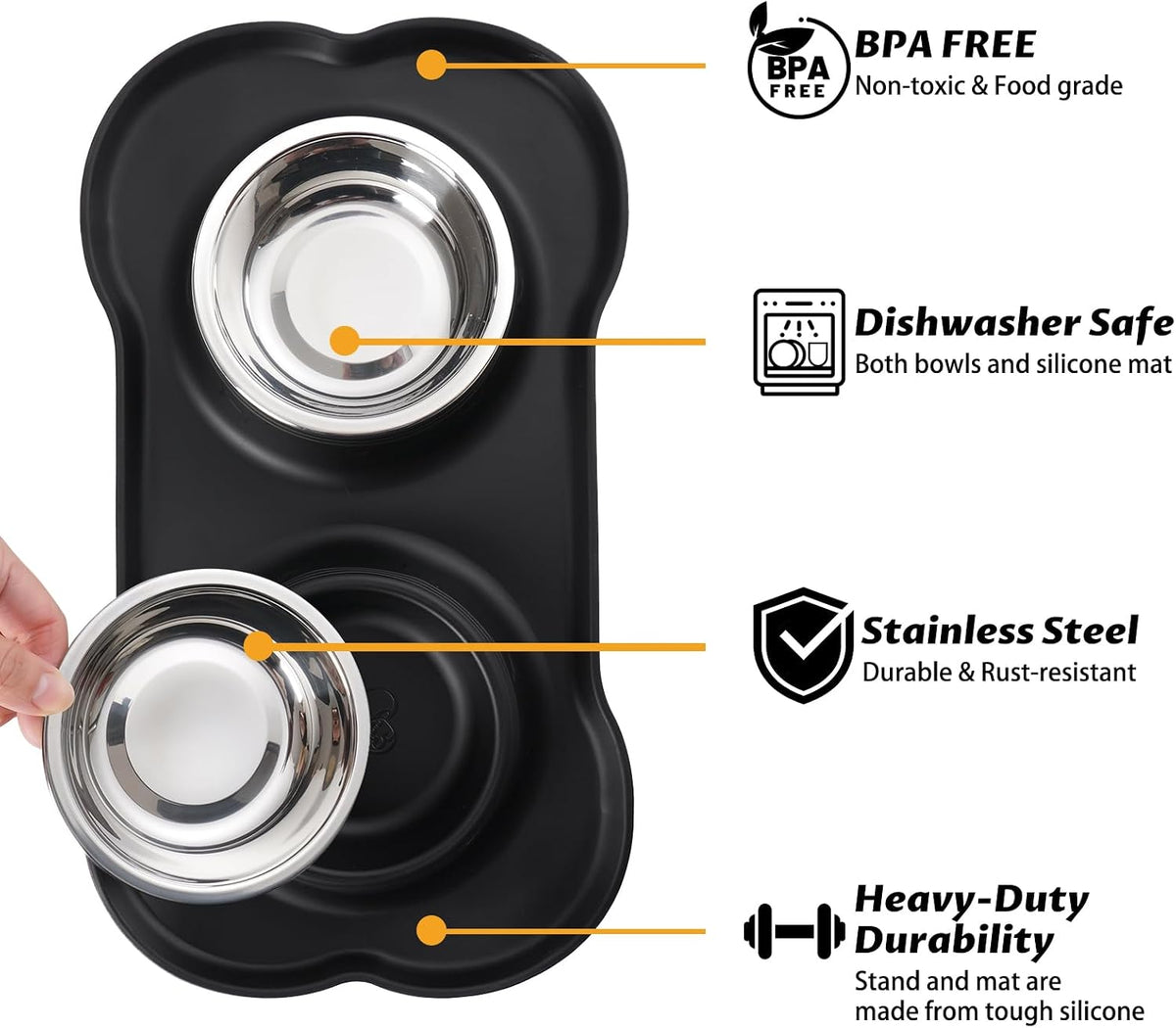 Hubulk Pet Dog Bowls 2 Stainless Steel Dog Bowl with No Spill Non-Skid Silicone Mat + Pet Food Scoop Water and Food Feeder Bowls for Feeding Small Medium Large Dogs Cats Puppies (S, Black)