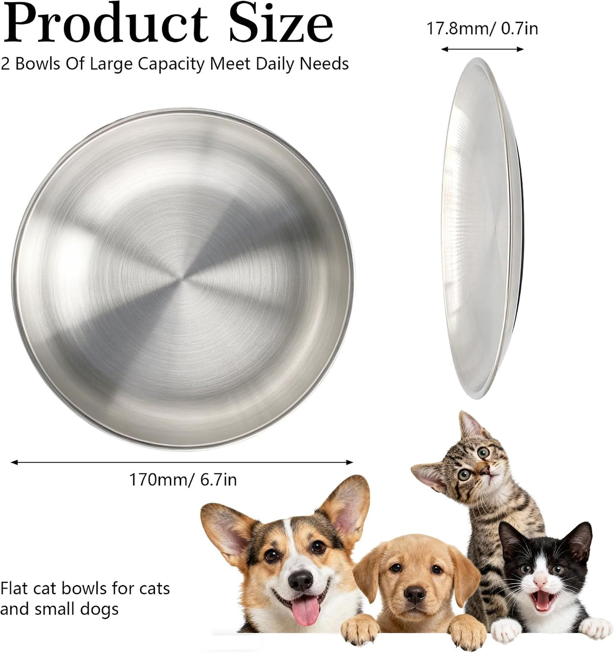 2 Pack Whisker Friendly Stainless Steel Cat Bowls, 6.7 Inch Shallow Wide Non-Slip Silicone Base Cat Feeding Plates, Easy to Clean Tilted Food Water Dishes for Cats Kittens Puppies Indoor Use