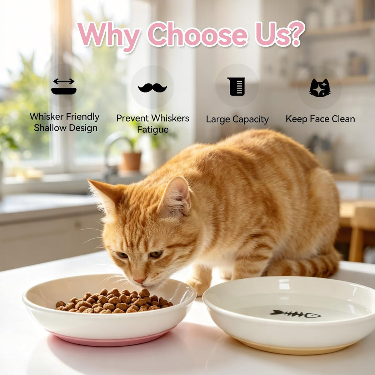 4 PCS Ceramic Cat Bowls with Silicone Base, Shallow Wide Cat Plates