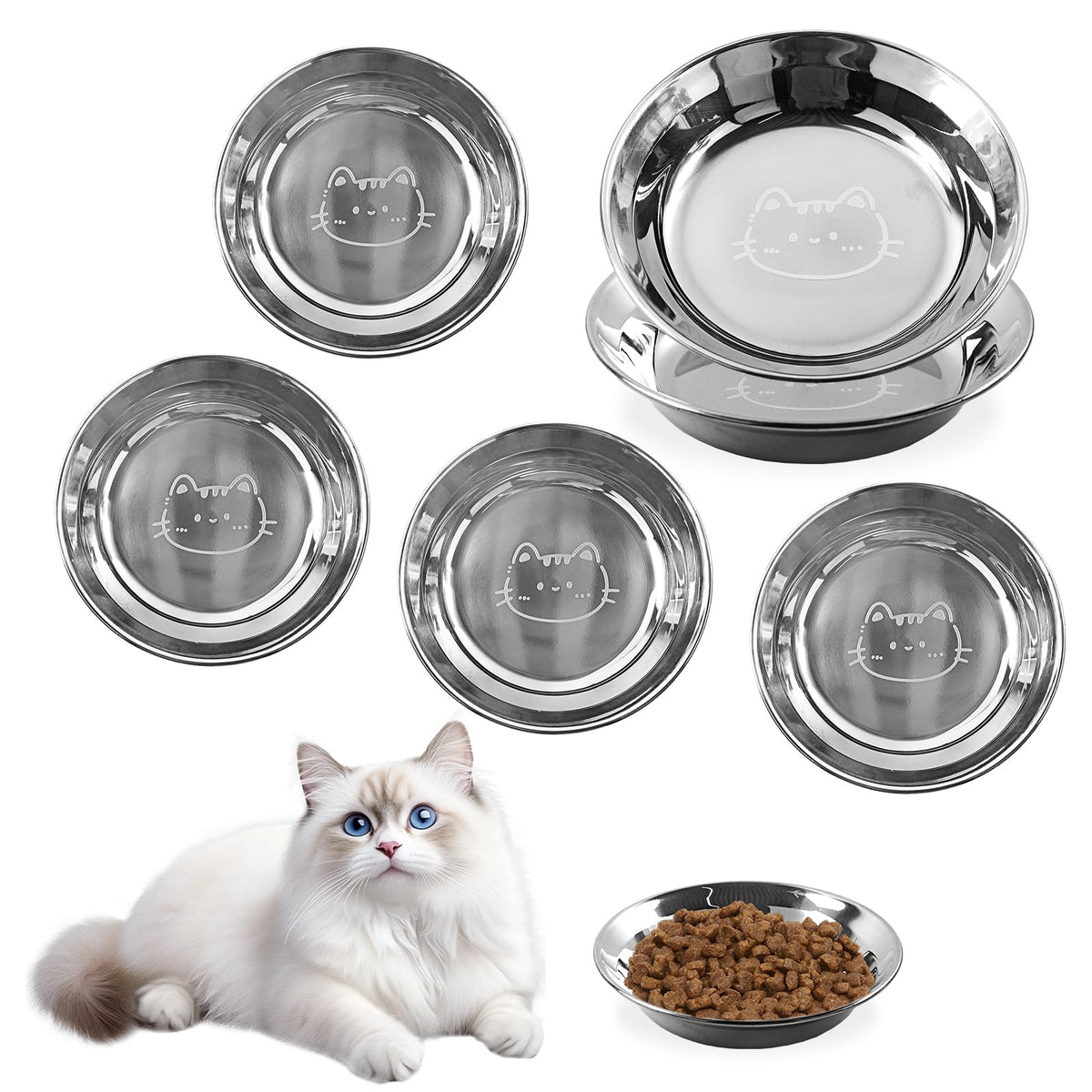8Pcs Stainless Steel Cat Bowls, Cat Food Bowl with Non-Slip Silicone Bottom
