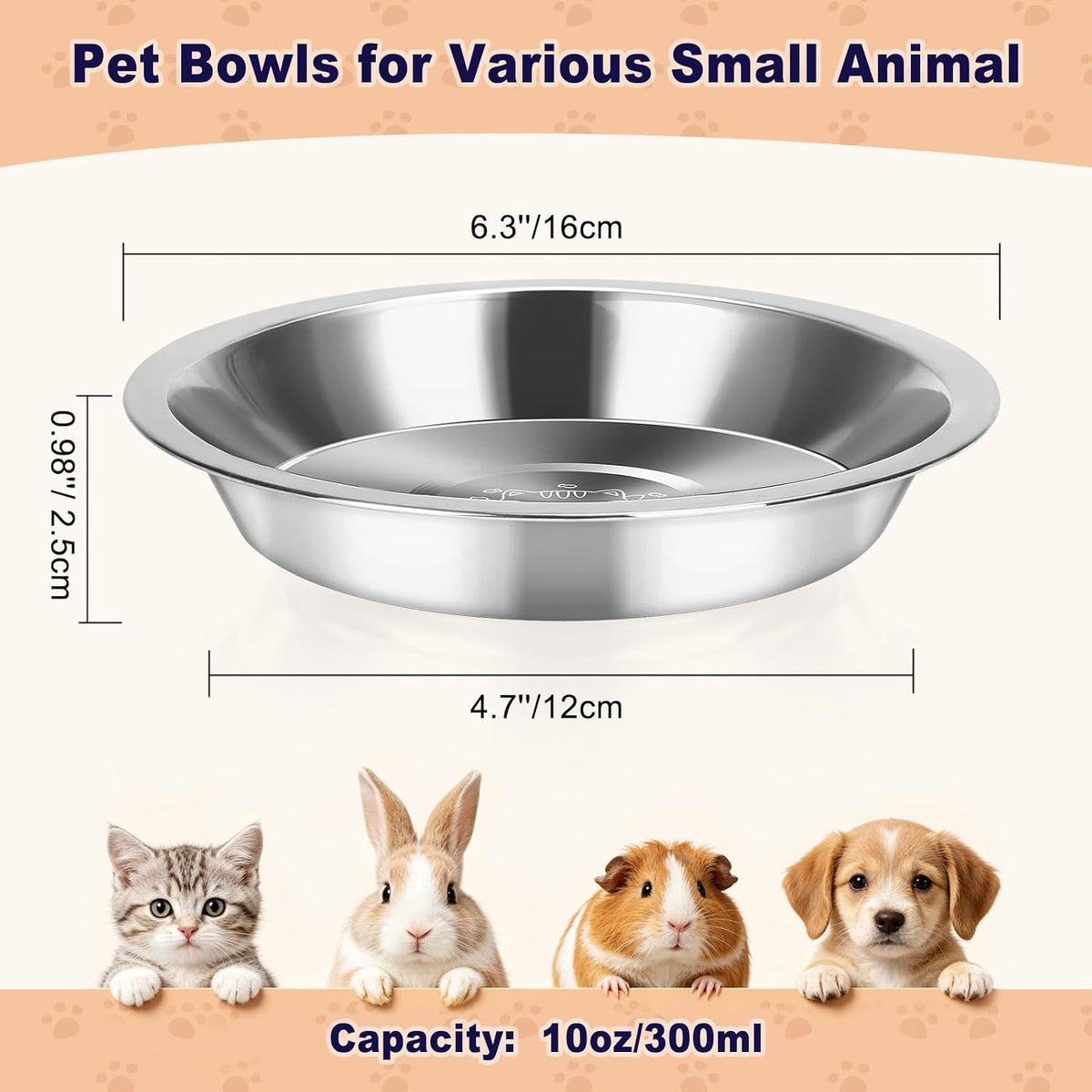 Stainless Steel Cat Bowls, 6 Pack Shallow Wide Whisker Fatigue Food Water Bowls, 6.3" Metal Cat Dishes with Non-Slip Bottom, Cute Cat Kitten Small Dog Bowl for Indoor Feeding or Elevated Stand