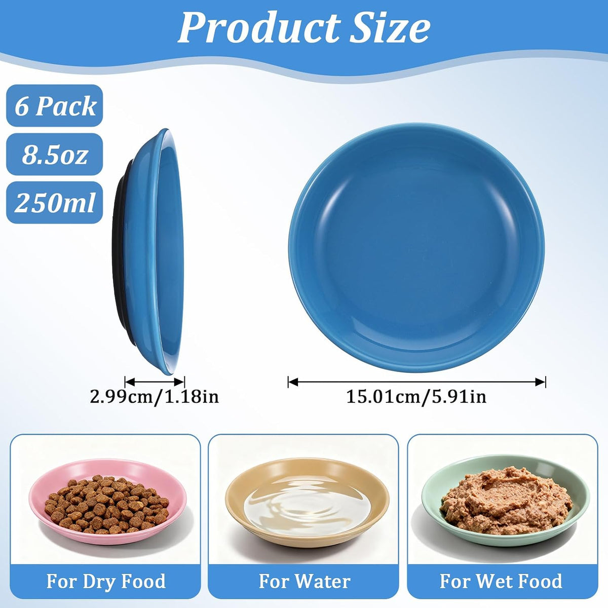 6 Pack Ceramic Cat Food Bowls, Non-Slip Shallow Cat Dishes with Silicone Base, Whisker Friendly Pet Bowls for Indoor Cats, Kittens, and Small Dogs, Multicolor