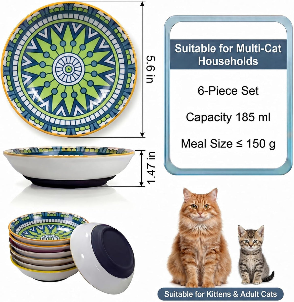 Ceramic Cat Food Bowls 6 Pack – Shallow Cat Bowl with Non-Slip Silicone Base, Whisker-Fatigue Dishes for Indoor Cats Puppy – Microwave Dishwasher Safe – 5.3 oz Cute Pet Plates for Wet Dry Food Water