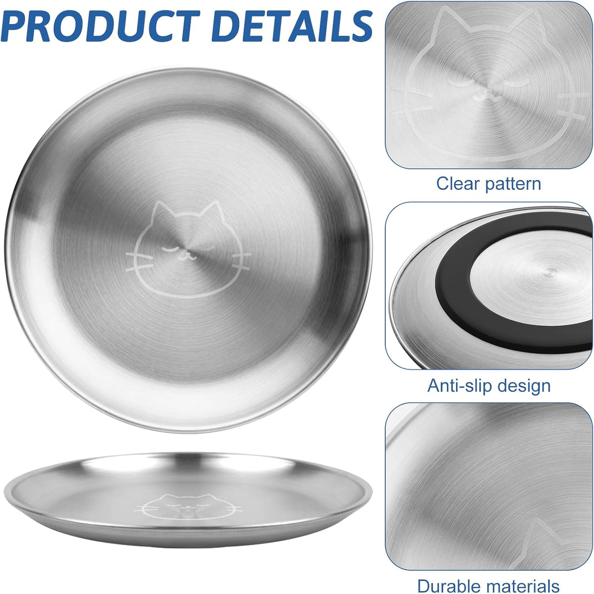 Stainless Steel Cat Bowls, 4 Pcs Shallow Cat Bowl Whisker Fatigue Dishes with Non-Slip Bottom, 6.7" Cats Food and Water Bowl Set for Wet & Dry Food(13OZ)