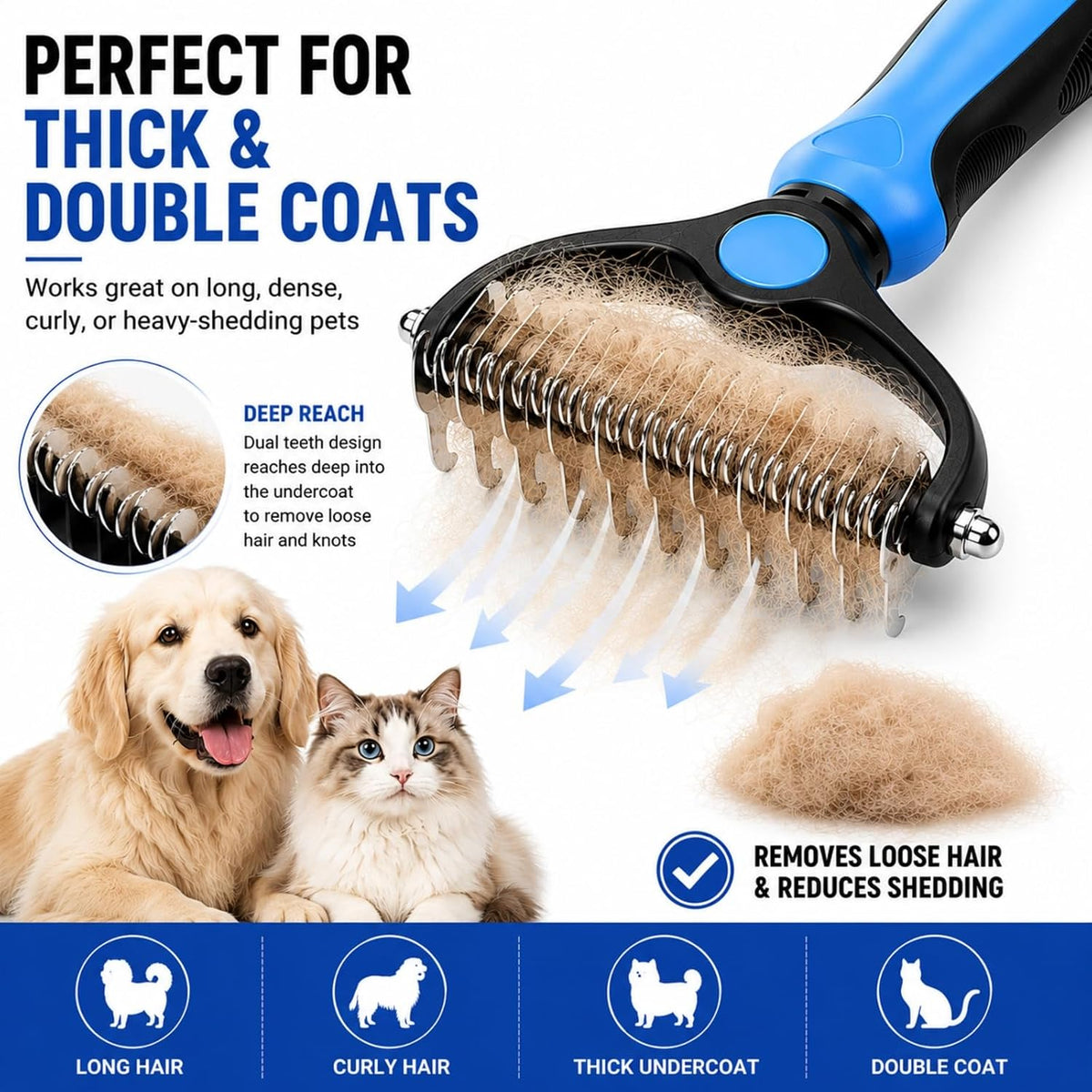 2-in-1 Pet Grooming Tool for Dogs & Cats, Double Sided Dematting Brush Set, Dual Teeth Pet Deshedding Comb for Shedding Fur Removal, Professional Grooming Rake for Long & Short Hair