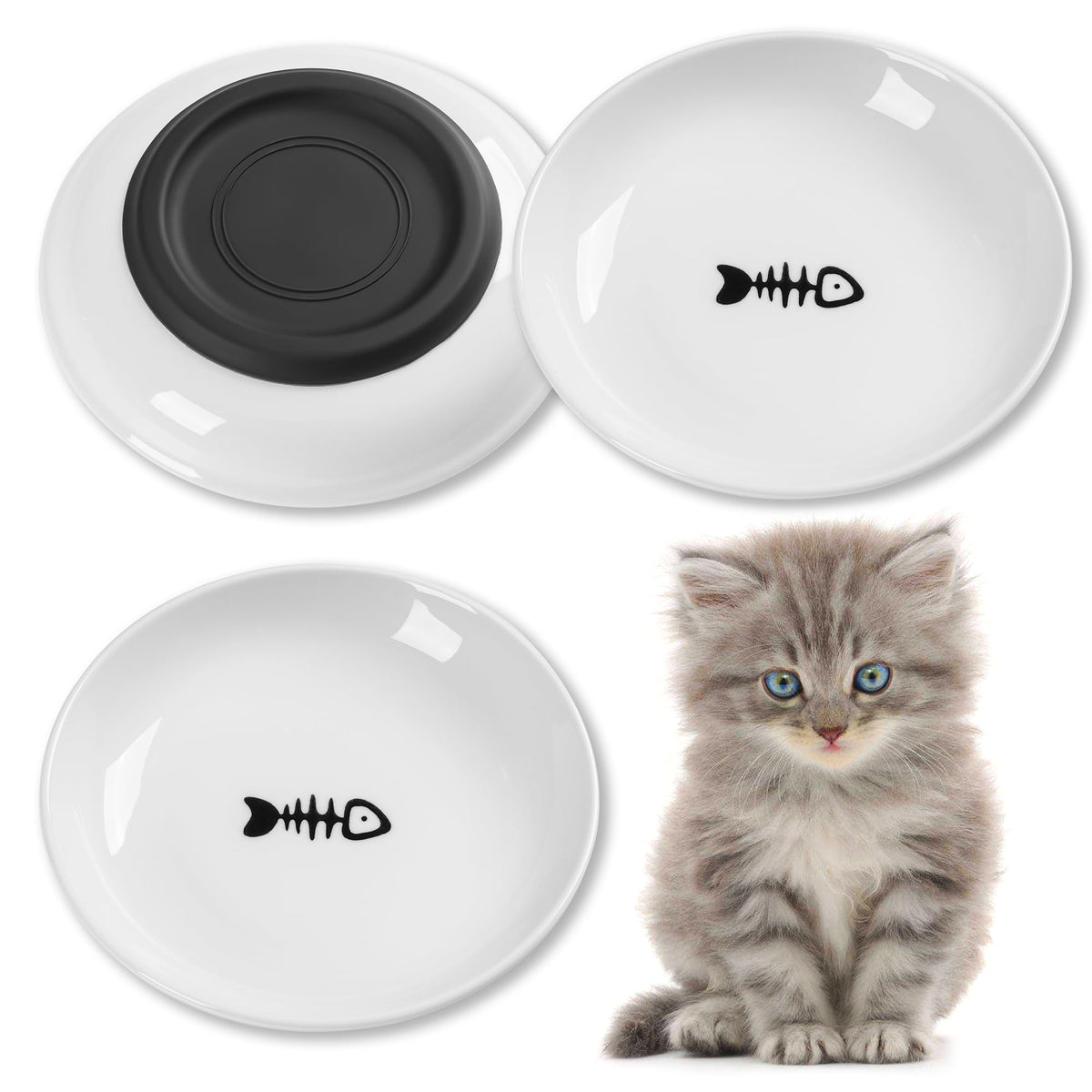 Cat Food Bowls, Whisker Friendly Ceramic Cats Bowls with Nonslip Silicone Base, Pack of 3 Quiet Dishes and Plates for Feeding Indoor Cats, Kittens and Small Dogs(Fishbone,Deeper)