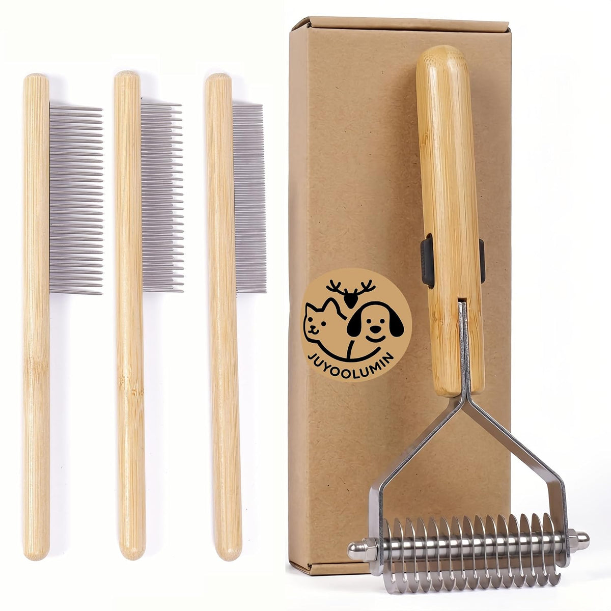 Cat Undercoat Rake & Dematting Comb, 4-in-1 Bamboo Grooming Tool