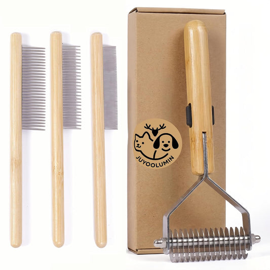 Cat Undercoat Rake & Dematting Comb, 4-in-1 Bamboo Grooming Tool