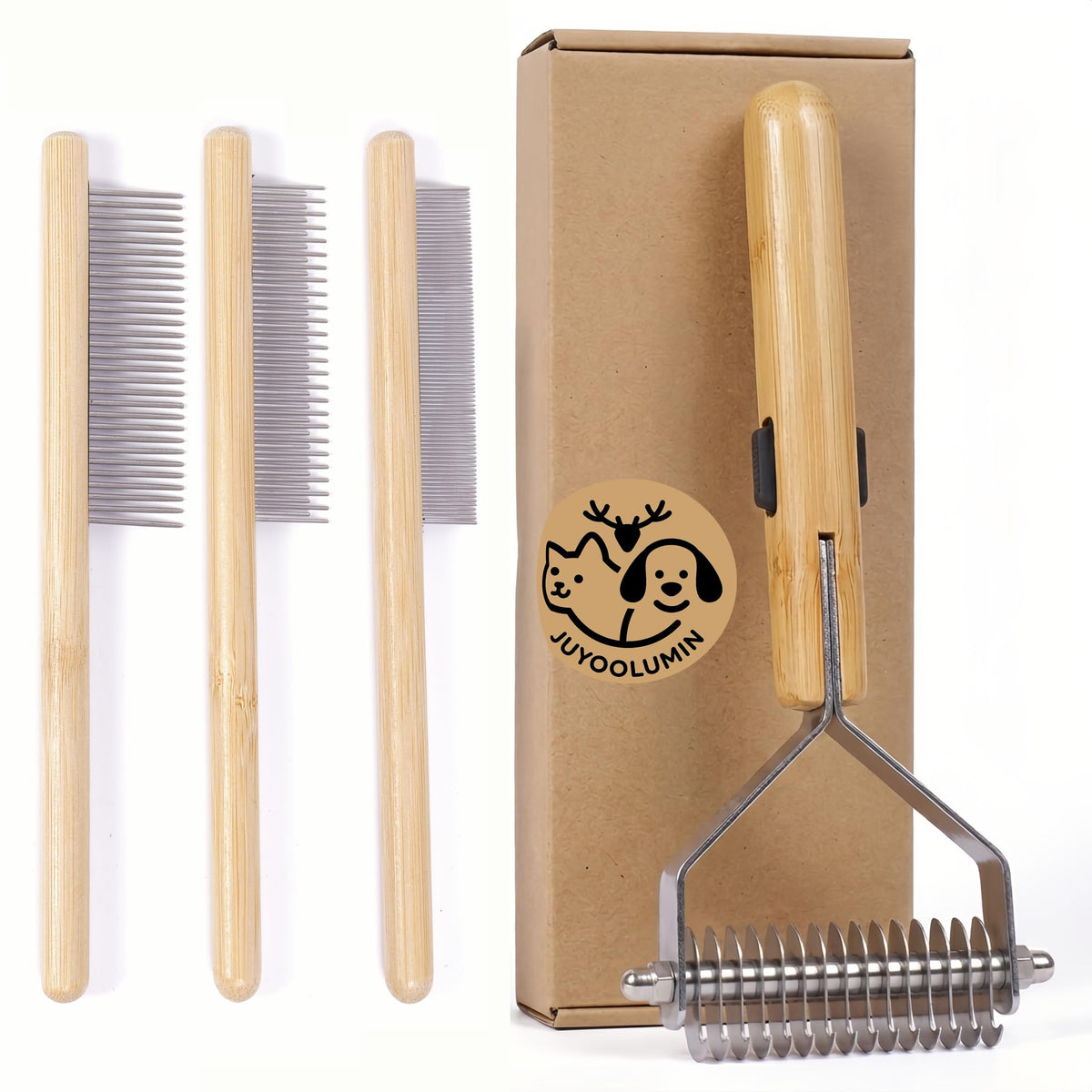 Cat Undercoat Rake & Dematting Comb, 4-in-1 Bamboo Grooming Tool