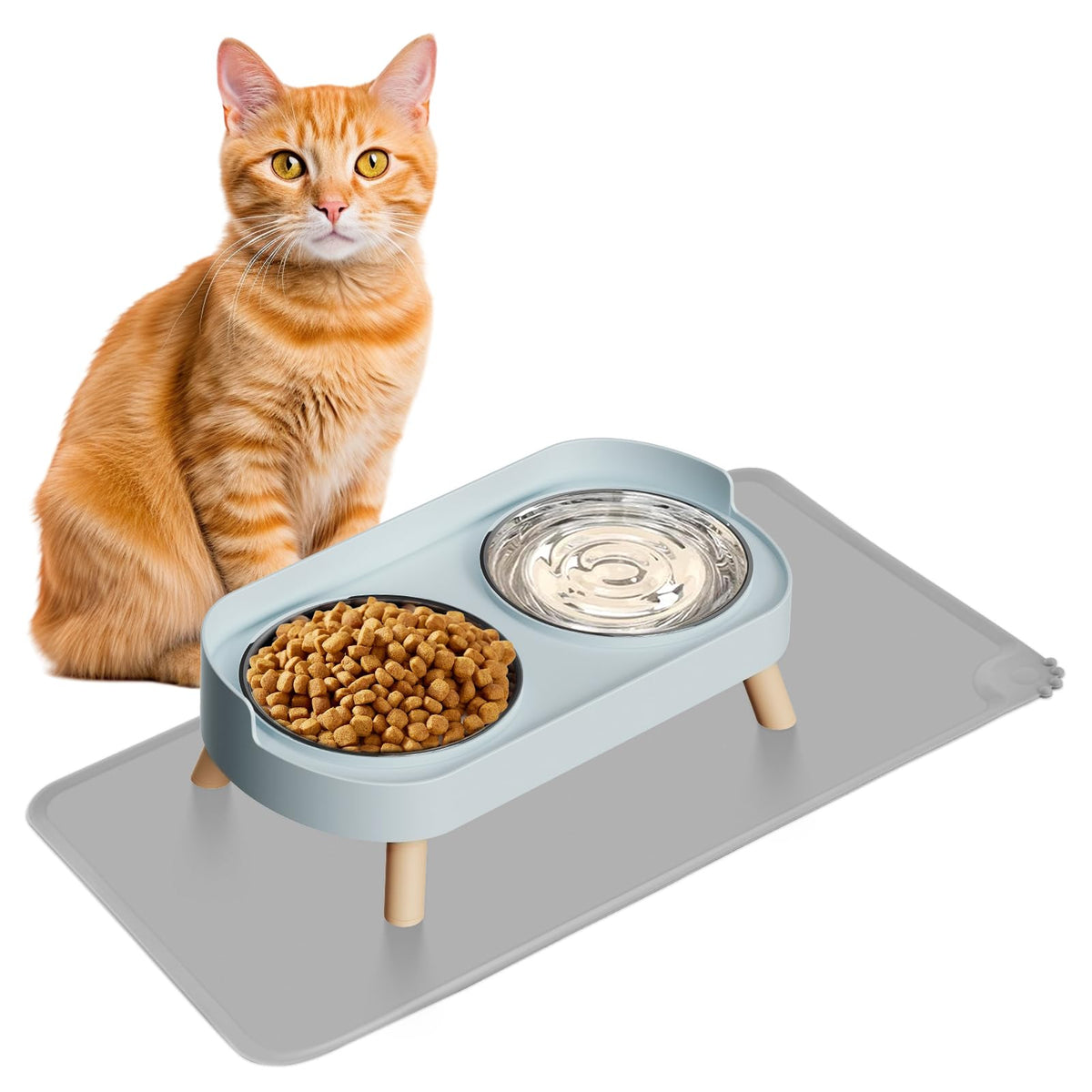 Elevated Cat Bowl, Raised Cat Food and Water Bowl Set for Indoor Cats, Splash Proof with 2 Stainless Steel Pet Food Bowls for Cats and Puppies, Whisker Fatigue and Dishwasher Safe - White
