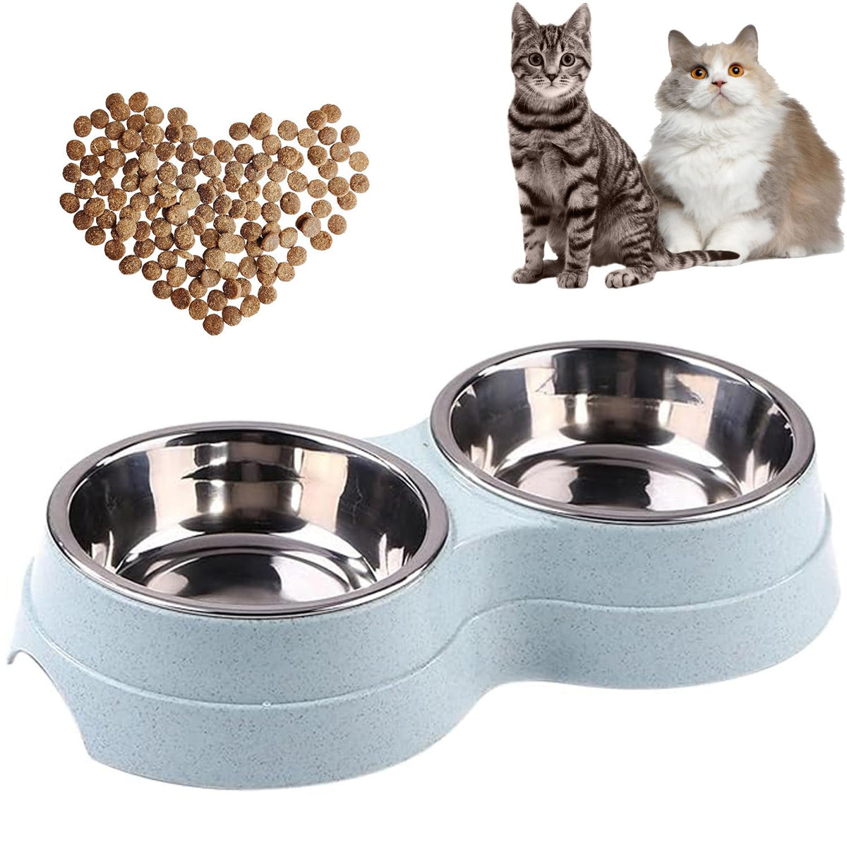 Double Cat Food Bowl -Stainless Steel Bowls with Easy-to-Clean Detachable Design, Non-Slip Base, Pet Feeder for Kittens and Medium Cats (Blue)