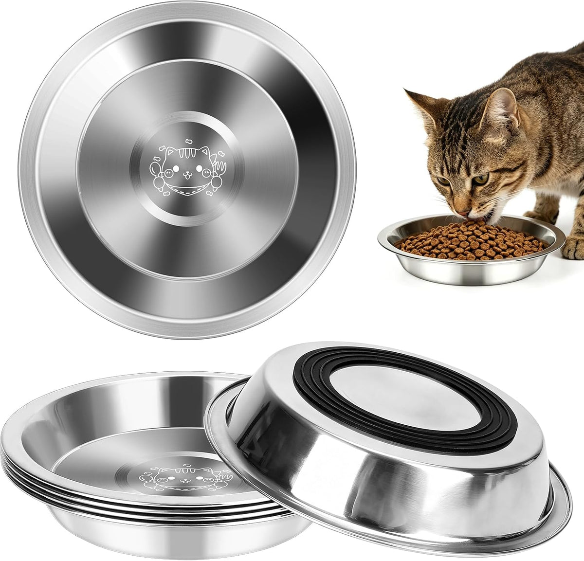Stainless Steel Cat Bowls, 6 Pack Shallow Wide Whisker Fatigue Food Water Bowls, 6.3" Metal Cat Dishes with Non-Slip Bottom, Cute Cat Kitten Small Dog Bowl for Indoor Feeding or Elevated Stand