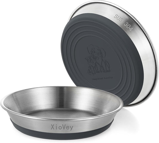 2 Pack Grey 304 Stainless Steel Shallow Whisker Fatigue Cat Bowls