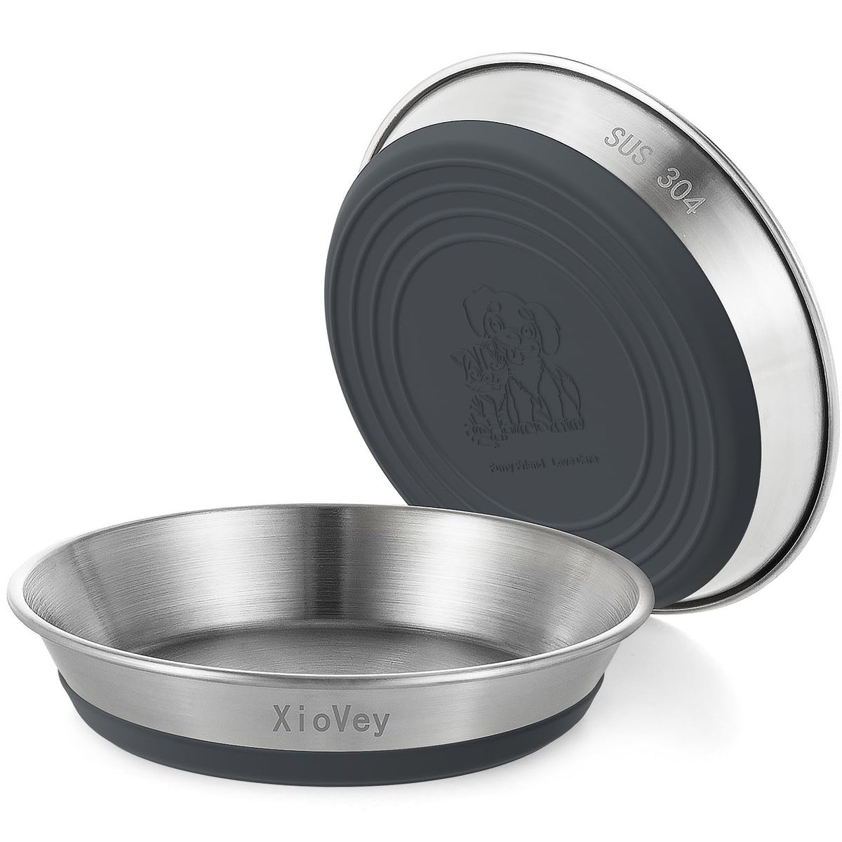 2 Pack Grey 304 Stainless Steel Shallow Whisker Fatigue Cat Bowls