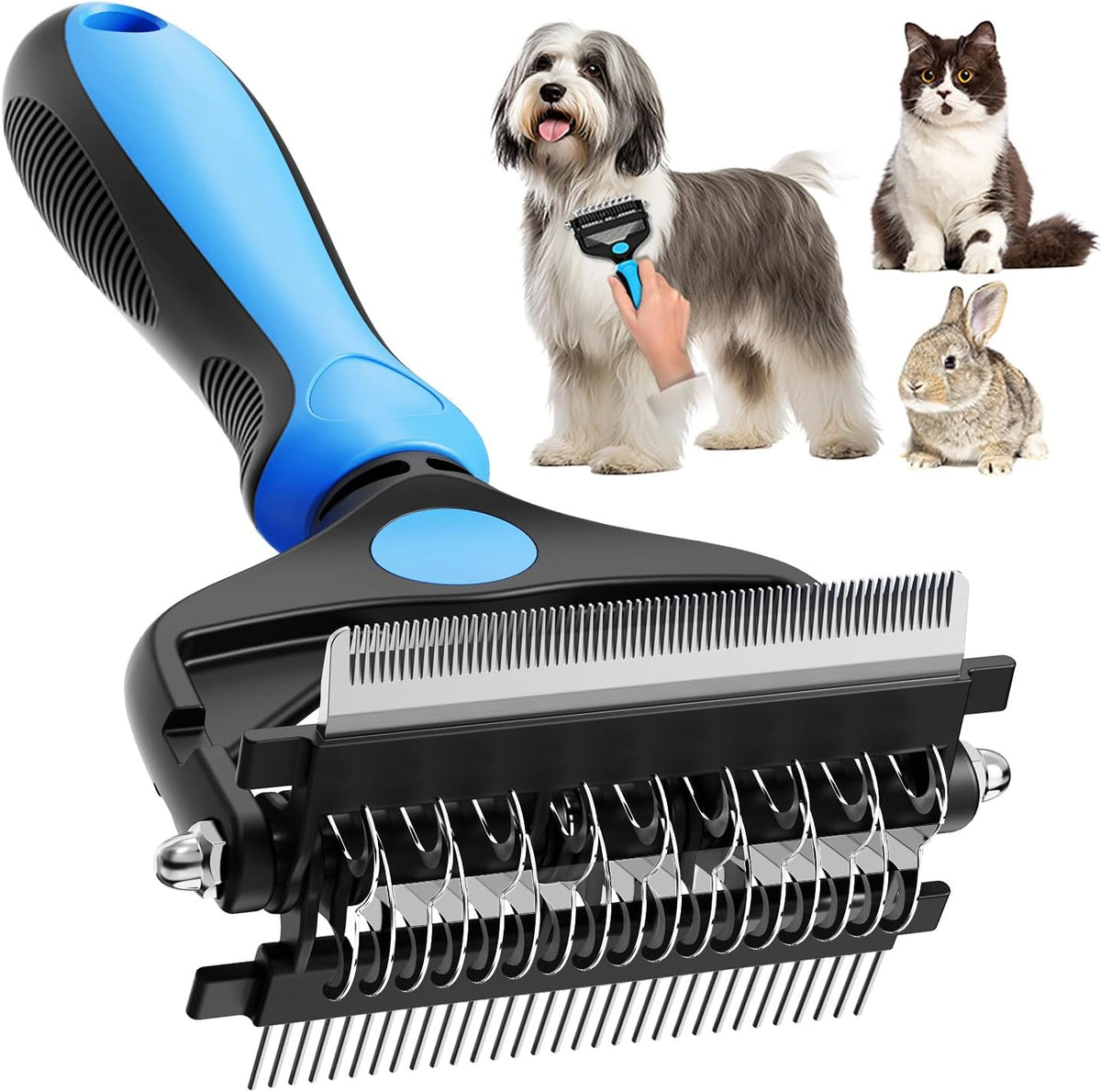 3-in-1 Professional Pet Grooming Brush for Dogs & Cats – Dematting Comb, Undercoat Rake & Deshedding Tool for Long & Short Hair, Heavy Shedding & Matted Fur (Blue)