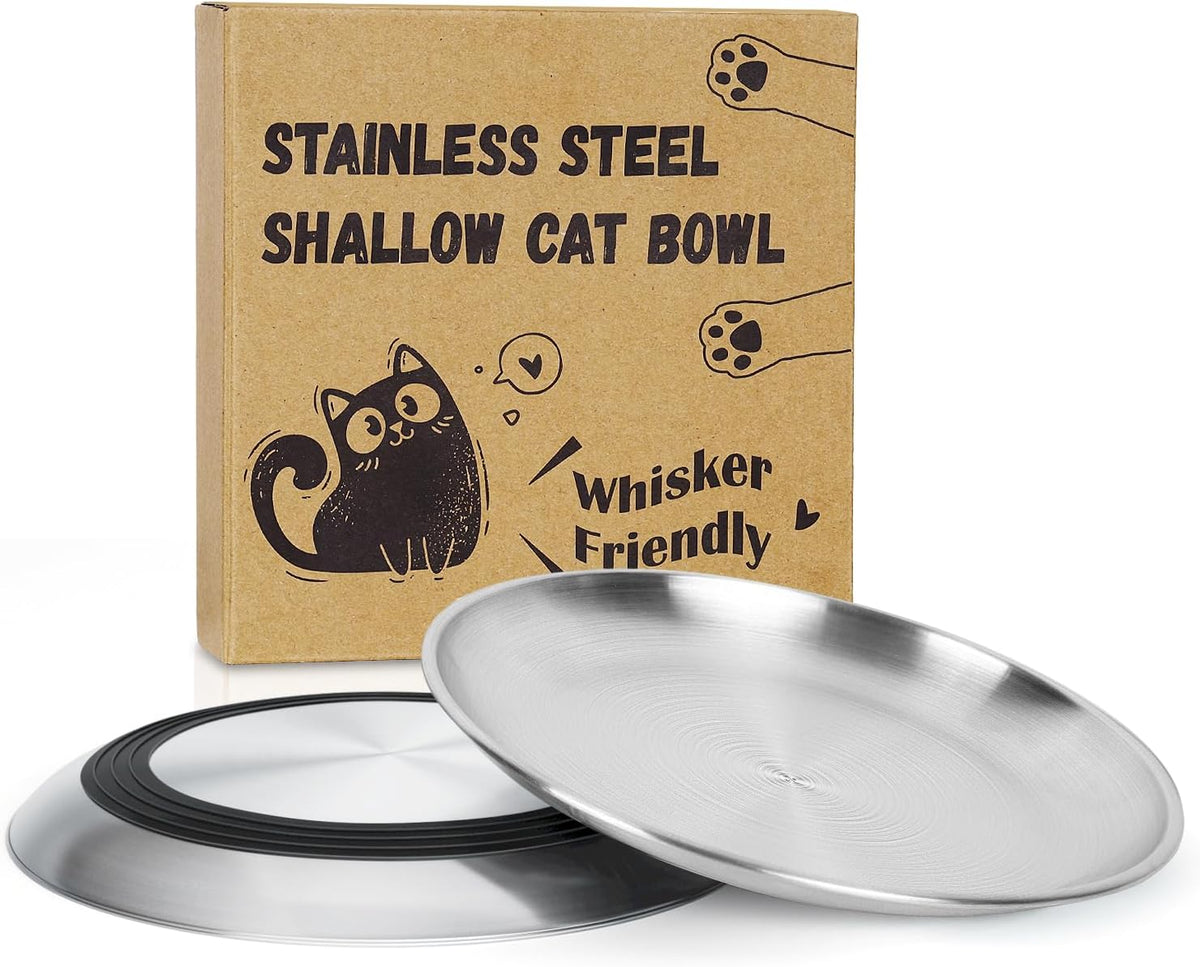 Supet Cat Plates Whisker Friendly, Non Slip Dish for Wet Food, Shallow Wide Flat Bowls Stainless Steel Metal for Indoor Cats, Kitten, Small Dog (13Oz, 2Pcs)