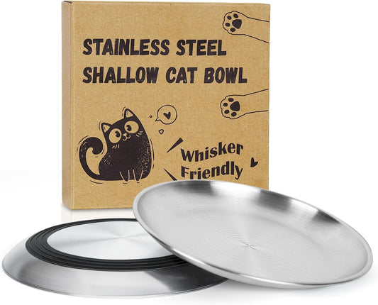 Supet Cat Plates Whisker Friendly, Non Slip Dish for Wet Food, Shallow Wide Flat Bowls Stainless Steel Metal for Indoor Cats, Kitten, Small Dog (13Oz, 2Pcs)