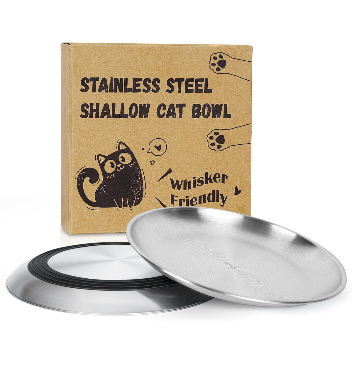 Supet Cat Plates Whisker Friendly, Non Slip Dish for Wet Food, Shallow Wide Flat Bowls Stainless Steel Metal for Indoor Cats, Kitten, Small Dog (13Oz, 2Pcs)