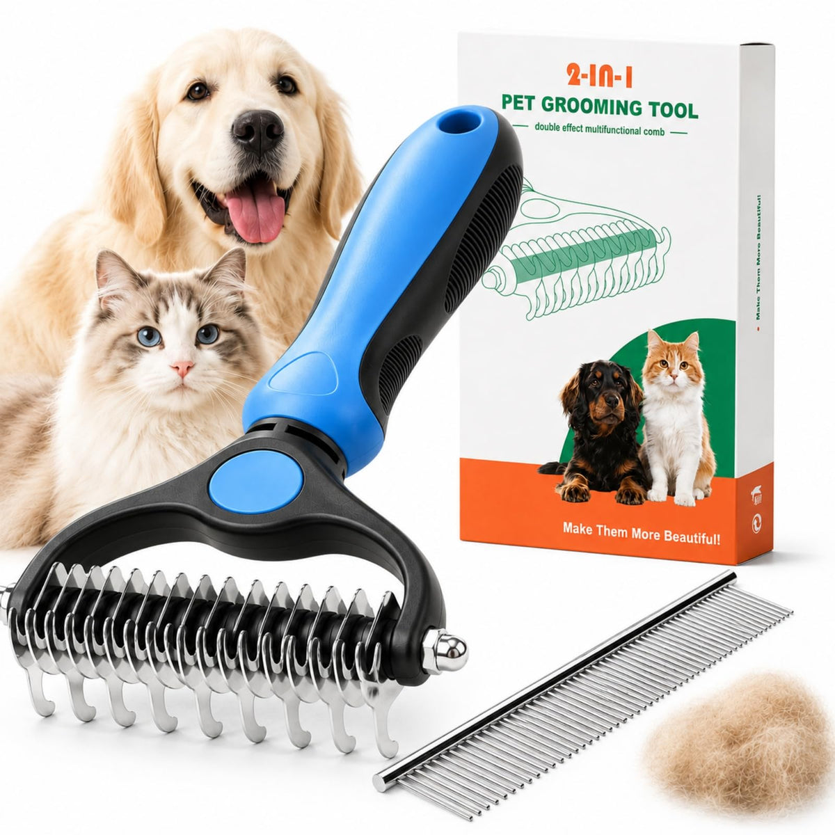 2-in-1 Pet Grooming Tool for Dogs & Cats, Double Sided Dematting Brush Set, Dual Teeth Pet Deshedding Comb for Shedding Fur Removal, Professional Grooming Rake for Long & Short Hair