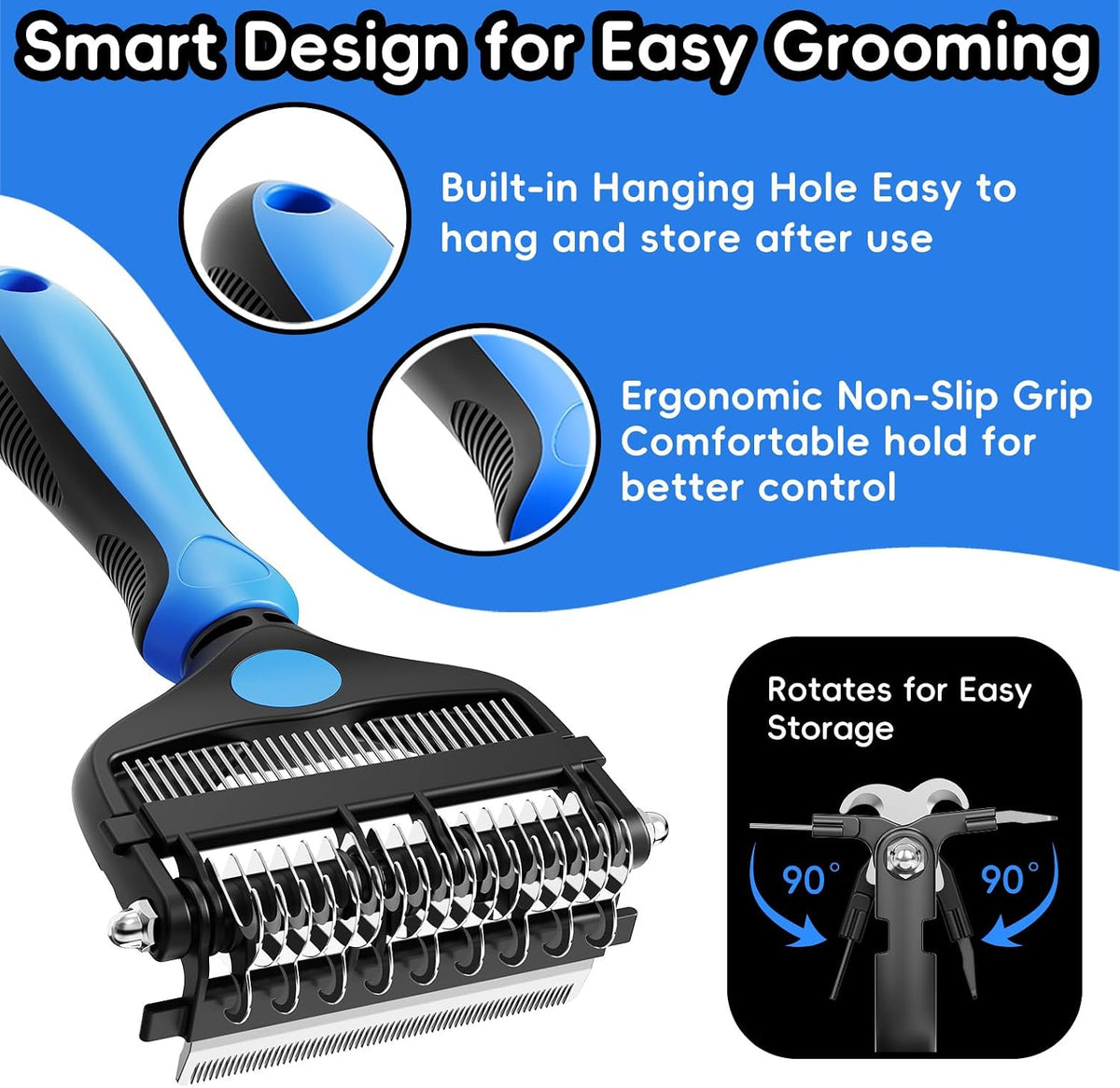 3-in-1 Professional Pet Grooming Brush for Dogs & Cats – Dematting Comb, Undercoat Rake & Deshedding Tool for Long & Short Hair, Heavy Shedding & Matted Fur (Blue)