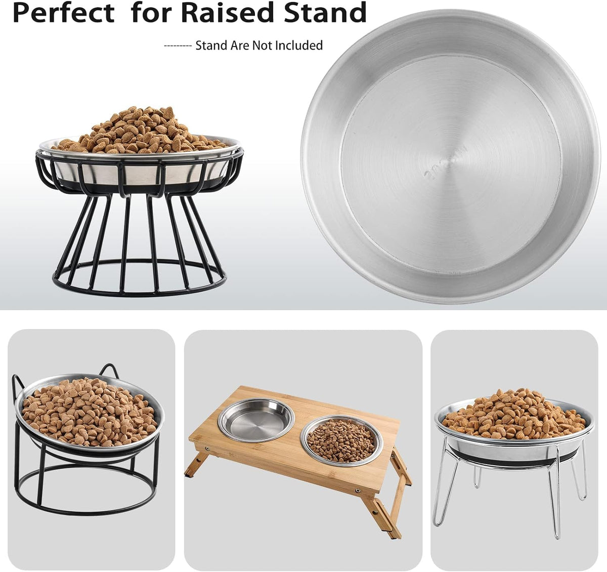 WROSWT Stainless Steel Cat Bowls,Whisker Friendly Shallow Cat Dishes for Food and Water,Non-Slip Silicone Bottom,Heavy Duty,Replacement Kitten Metal Plate for Elevated Stands,2 Pack