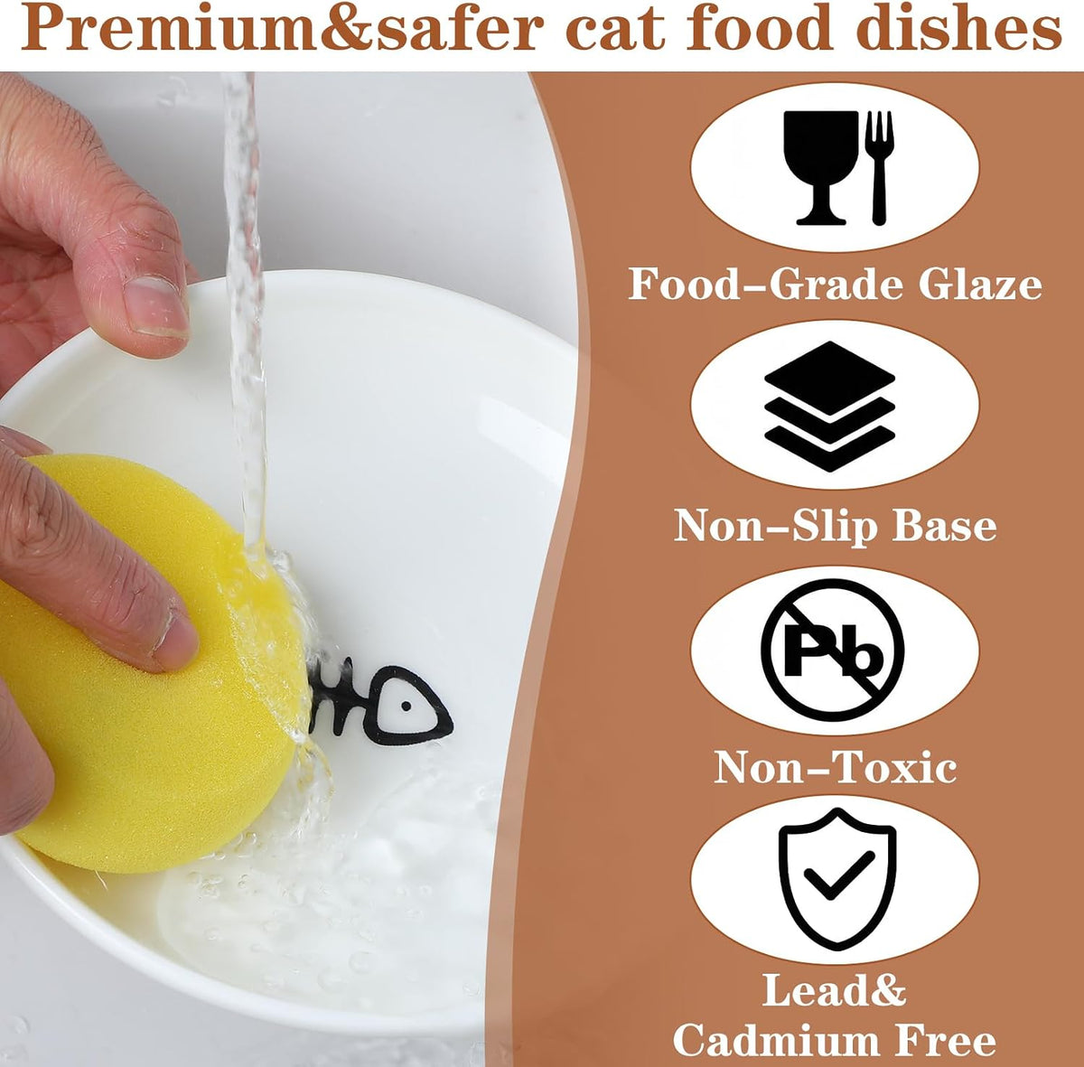 Kenaoeoe Cat Food Bowl 6 Pack Ceramic Cat Bowls with Non-Slip Base Anti Whisker Fatigue Shallow Cats Plates for Food and Water, Fishbone and Paw Print Design